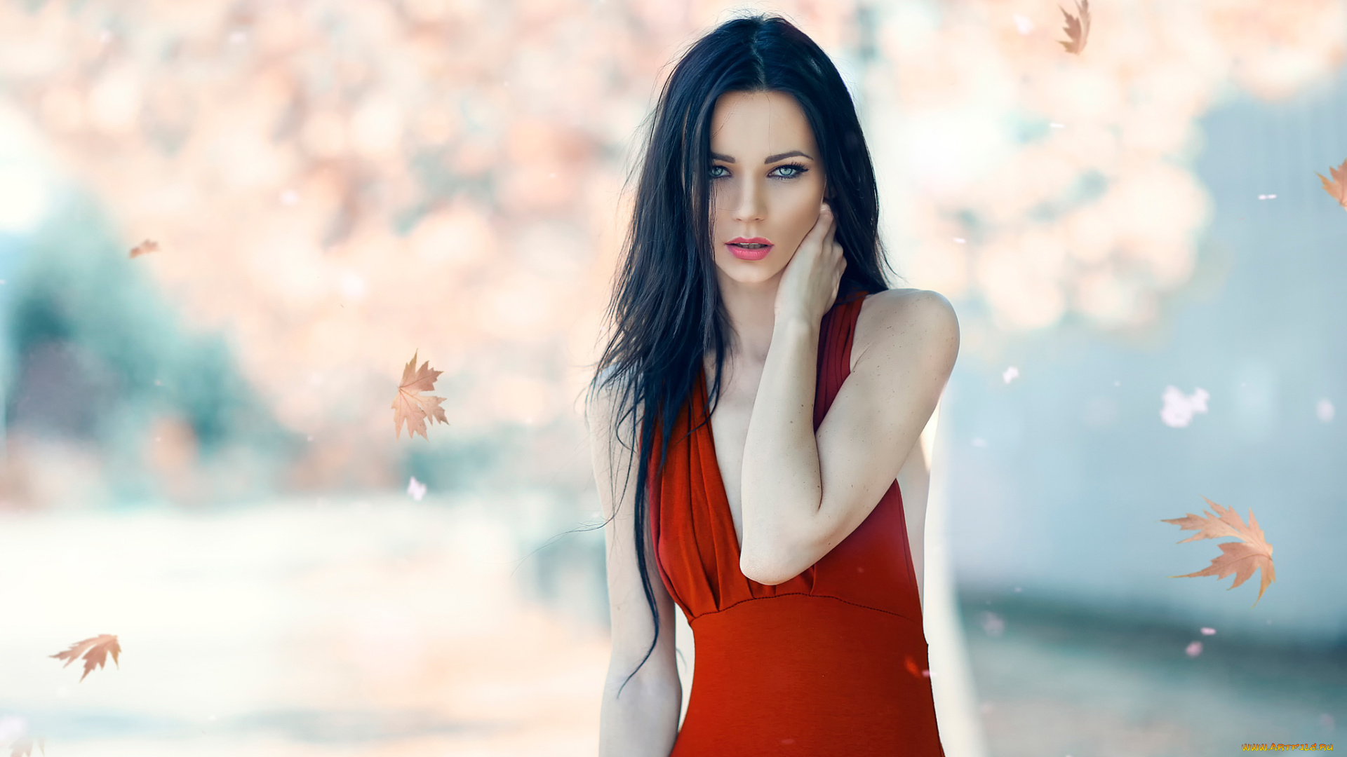 девушки, alessandro, di, cicco, девушка, в, красном, alessandro, di, cicco, осень, листопад