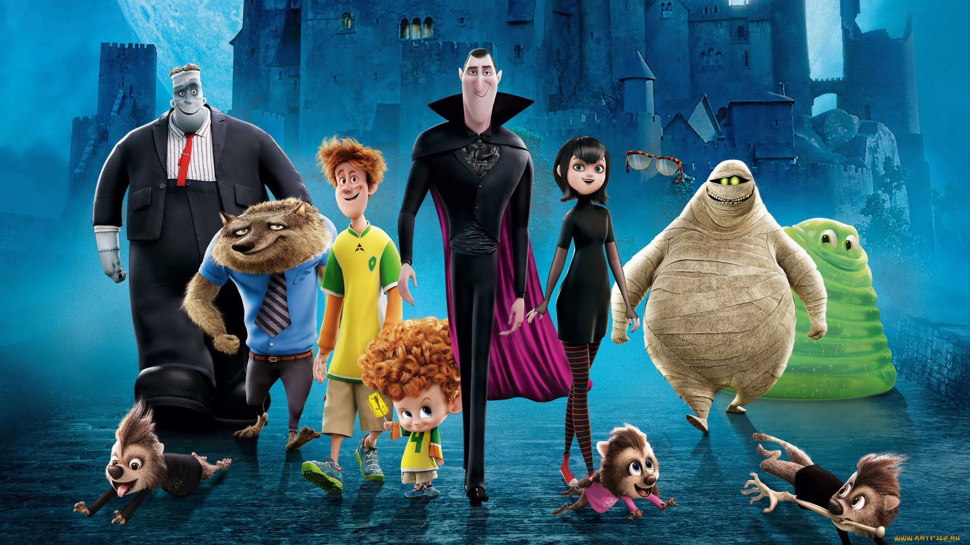 мультфильмы, hotel, transylvania, 2, монстры, на, каникулах, 2, мультфильм, персонажи, замок, ночь, мост, hotel, transylvania