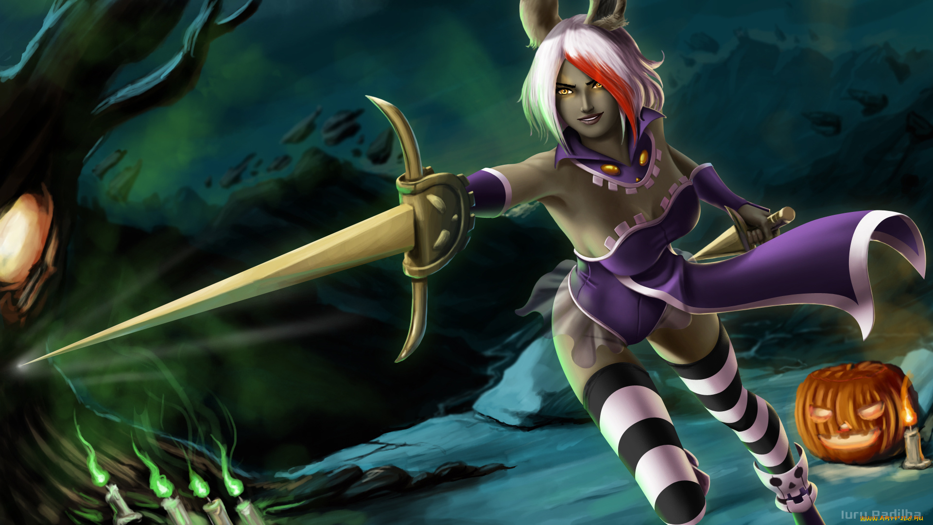 праздничные, хэллоуин, девушка, взгляд, фон, оружие, тыква, свечи, fiora