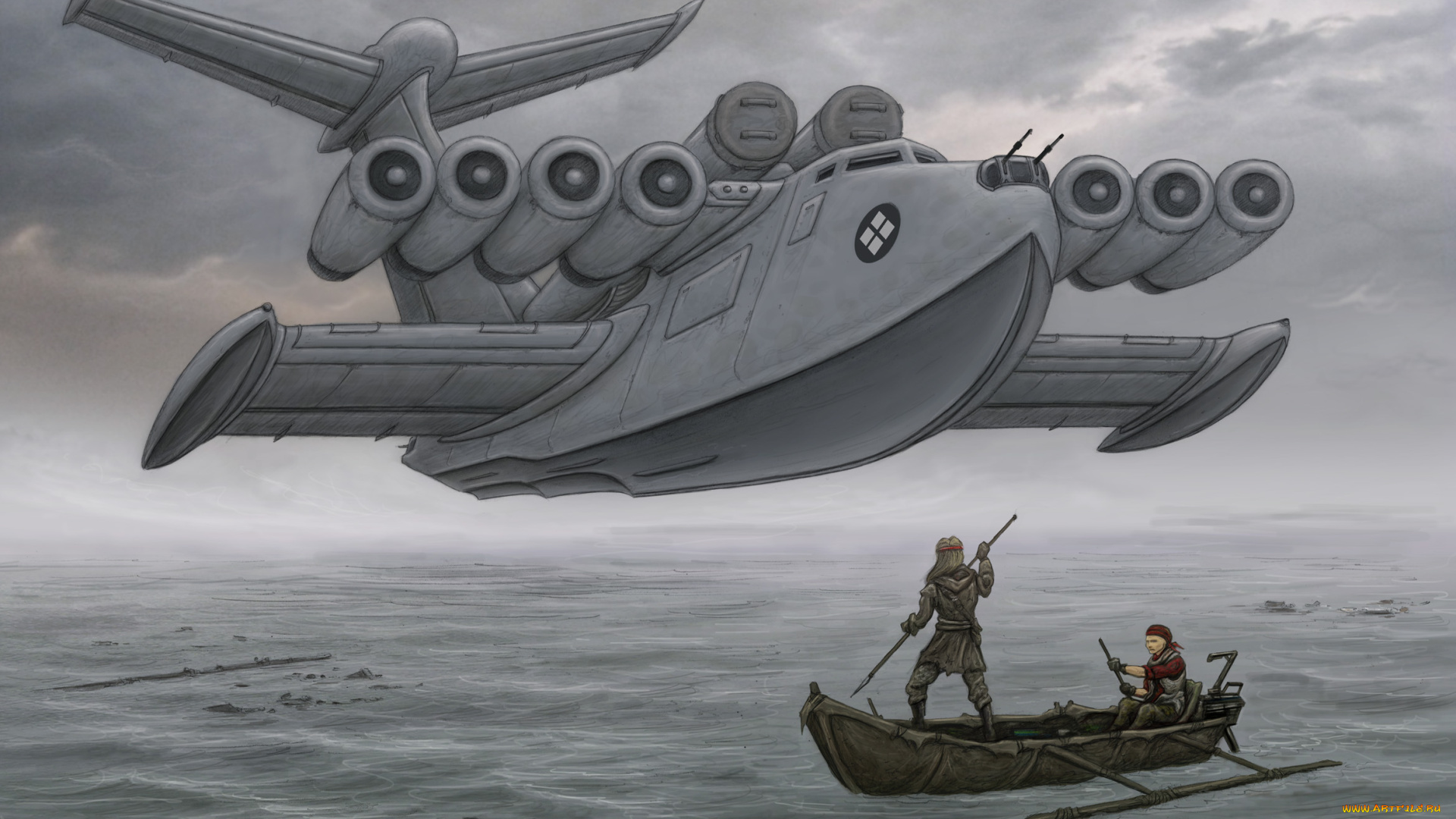 рисованное, авиация, полет, самолет, люди, лодка, амфибия, озеро