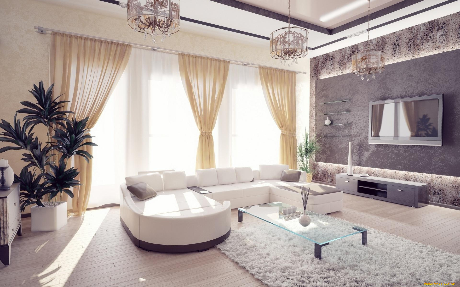 интерьер, гостиная, полки, тумба, диван, столик, ковер, цветы, шторы, окно, люстры, телевизор