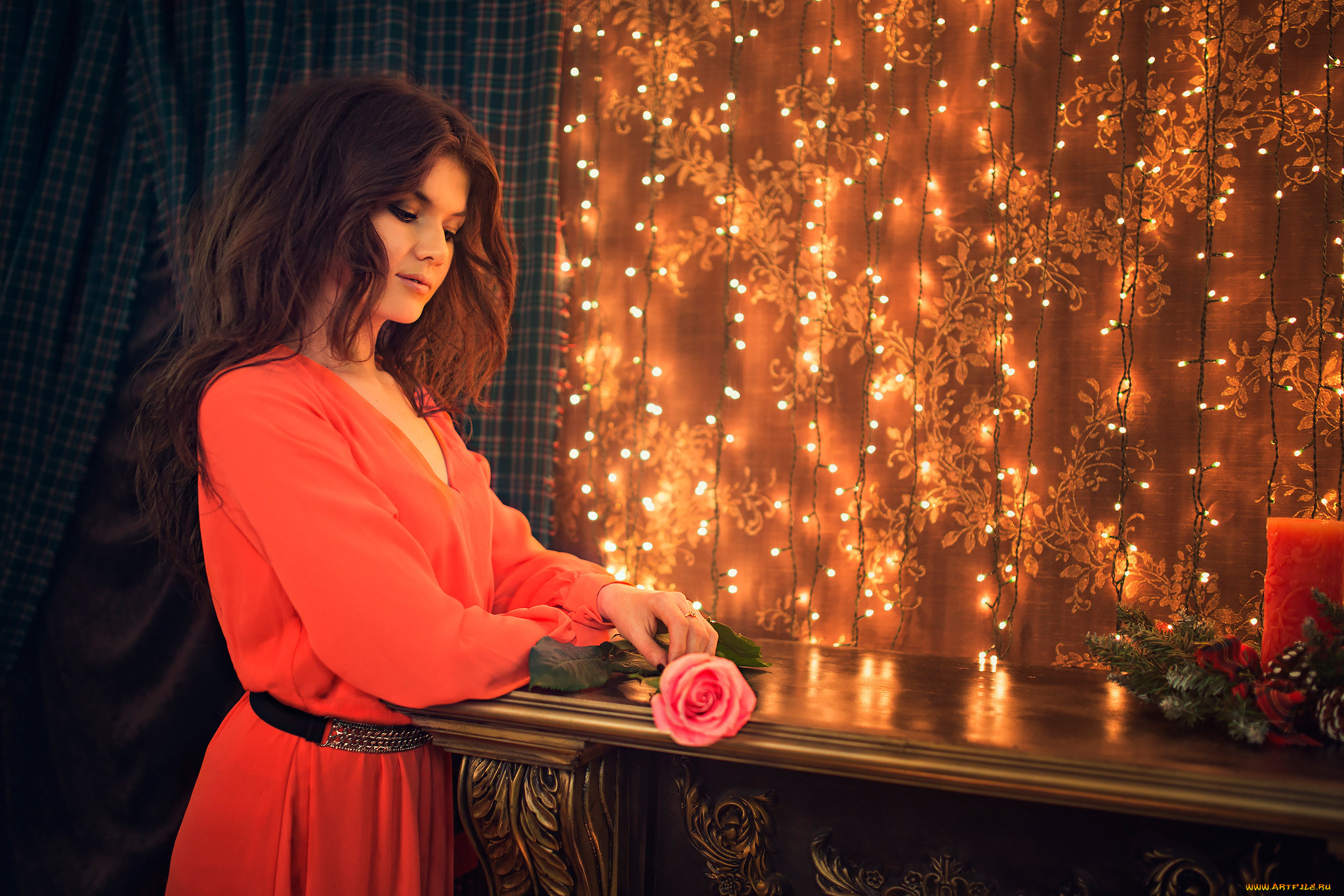 девушки, -unsort, , брюнетки, , шатенки, роза, фон, взгляд, девушка, гирлянды