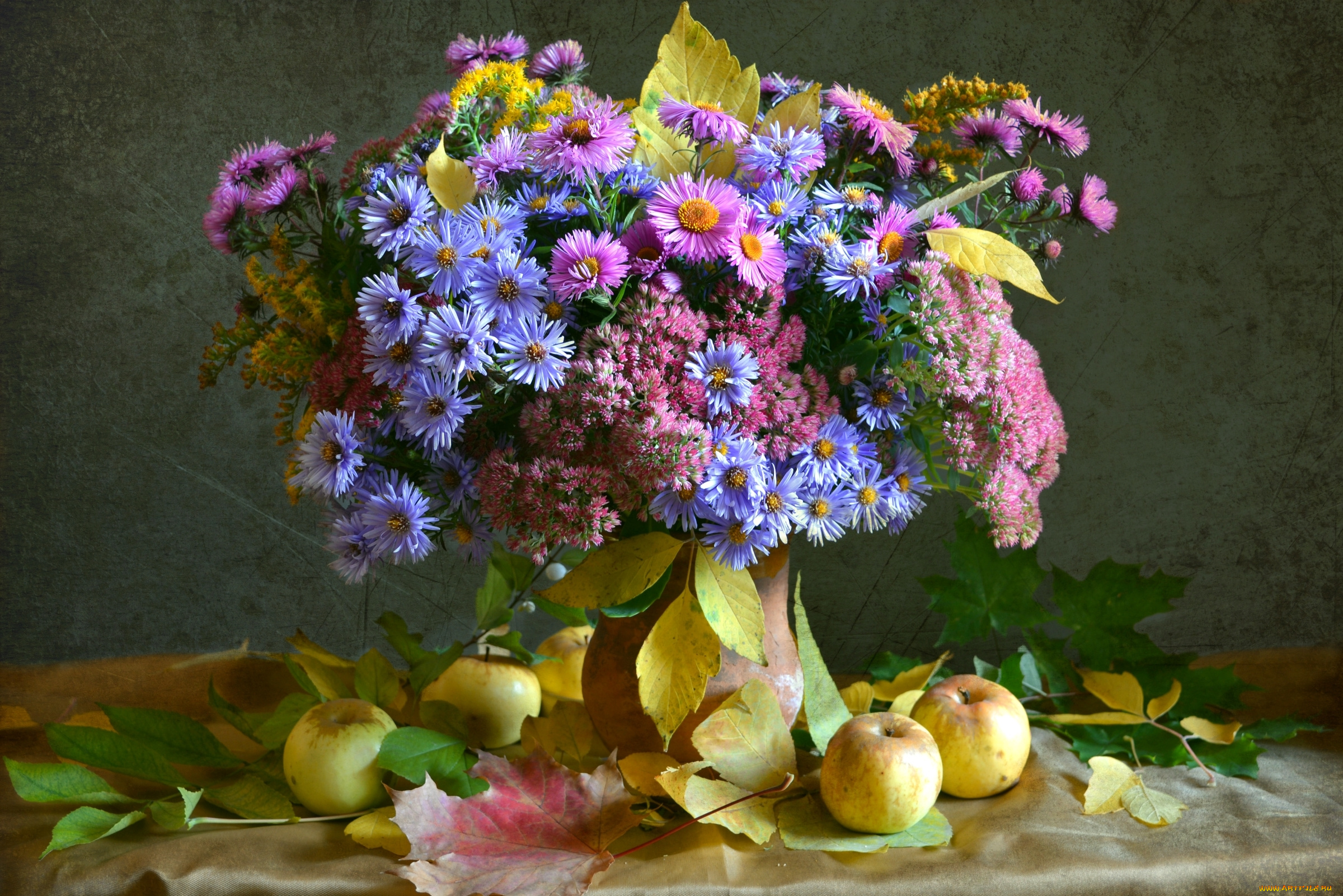 еда, натюрморт, очиток, астры, листья, букет, осень, яблоки