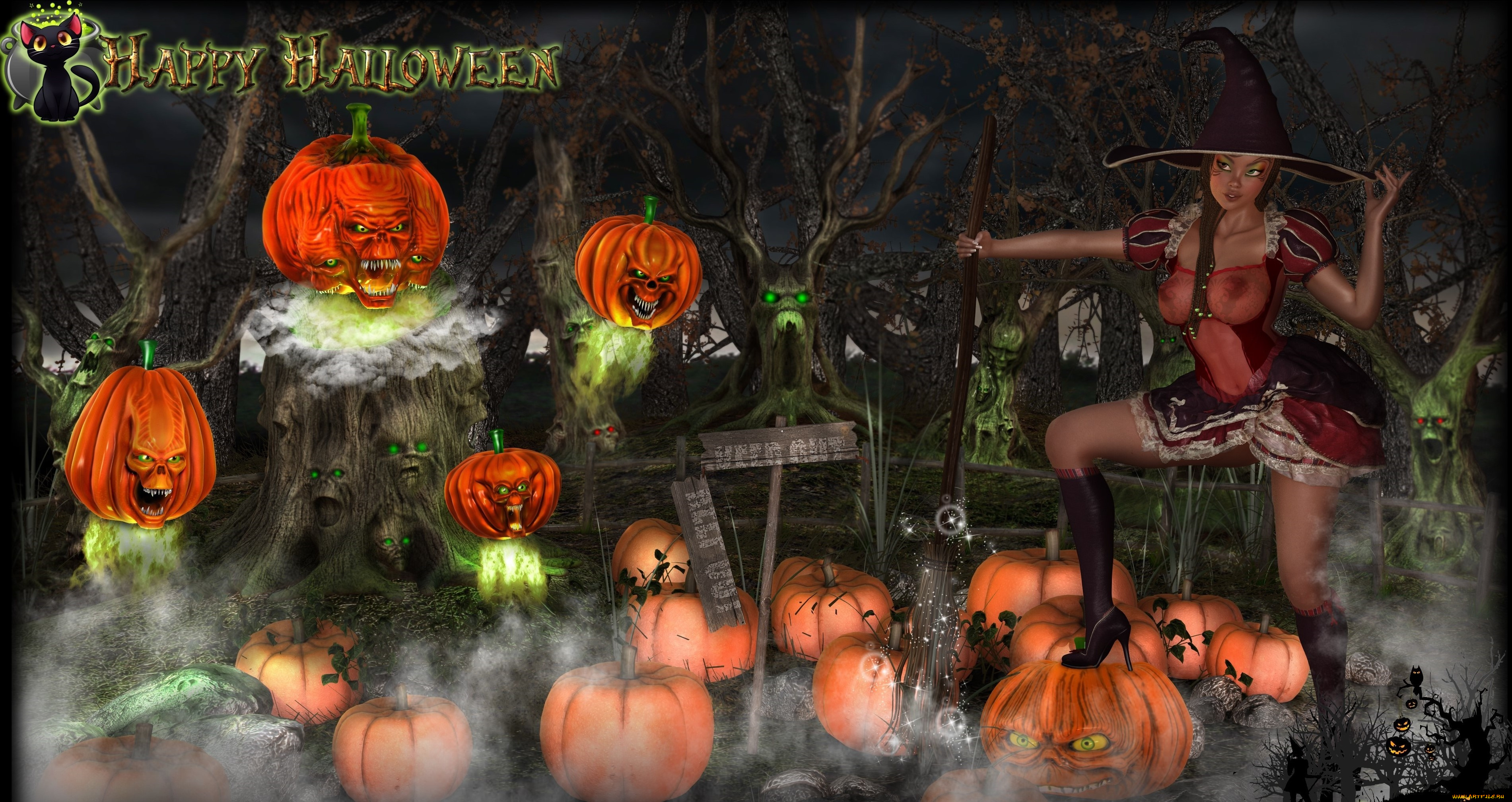 3д, графика, праздники, , holidays, тыквы, ведьма