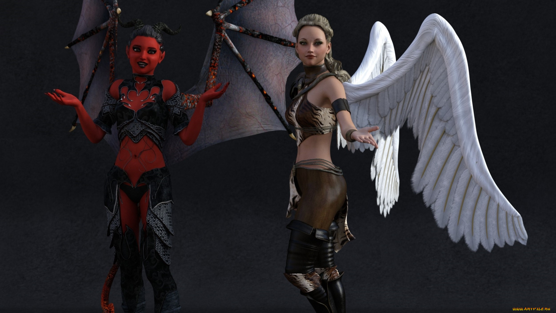 3д, графика, ангел, , angel, девушки, взгляд, фон, демон, ангел
