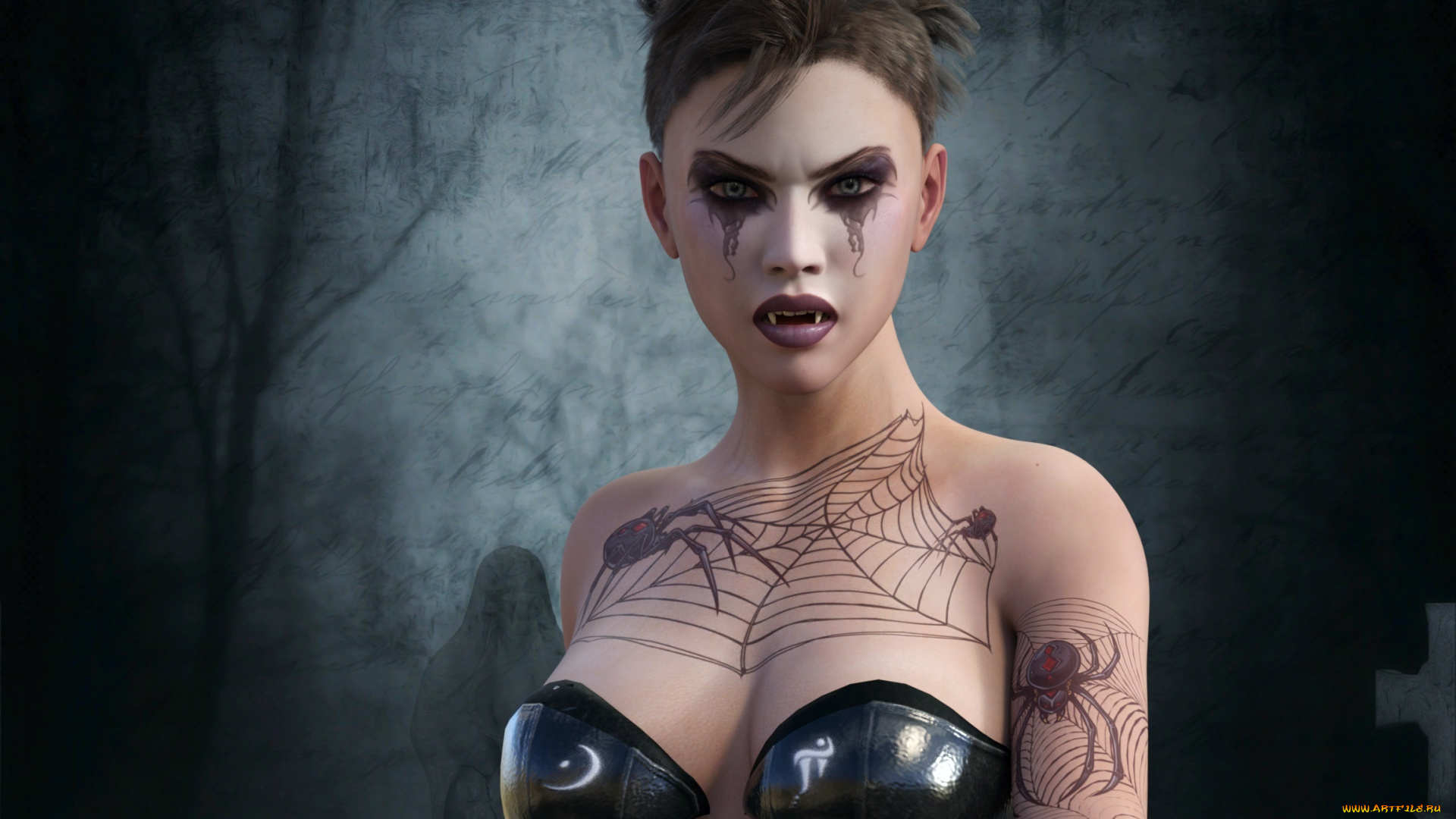 3д, графика, существа, , creatures, девушка, вампир, фон, взгляд