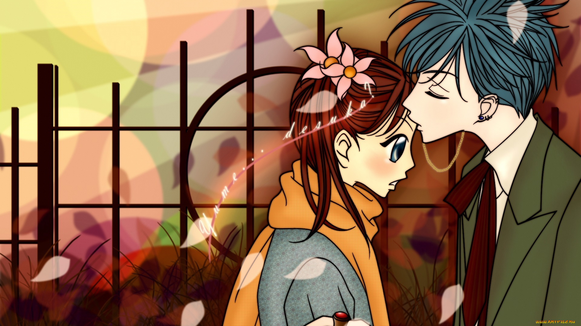 аниме, nana, поцелуй, шарф, лепестки, нана, art, пирсинг, двое, ai, yazawa, shinichi, okazaki, komatsu, костюм, перстень