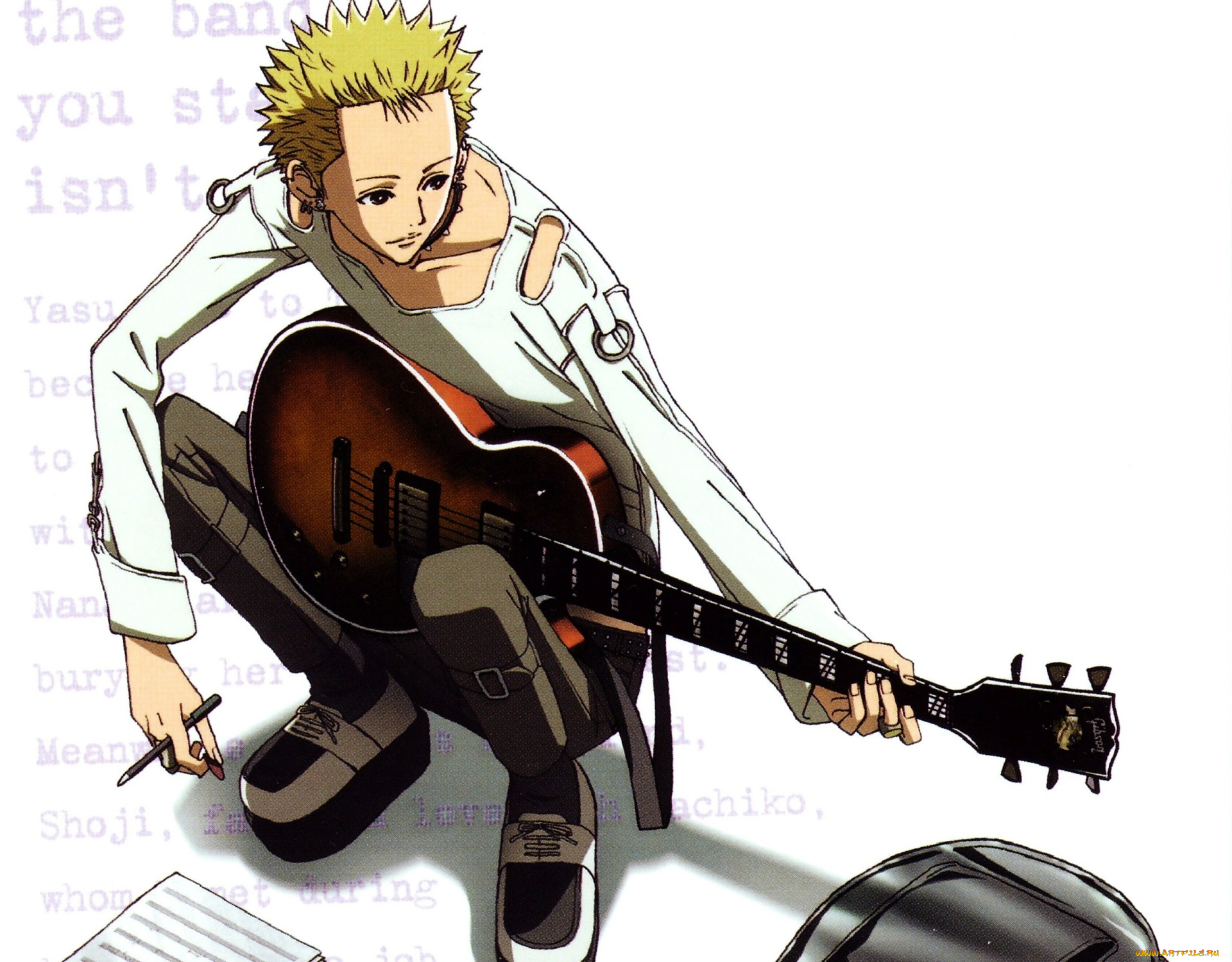 аниме, nana, гитара, белый, фон, art, нана, пирсинг, ai, yazawa, nobuo, terashima