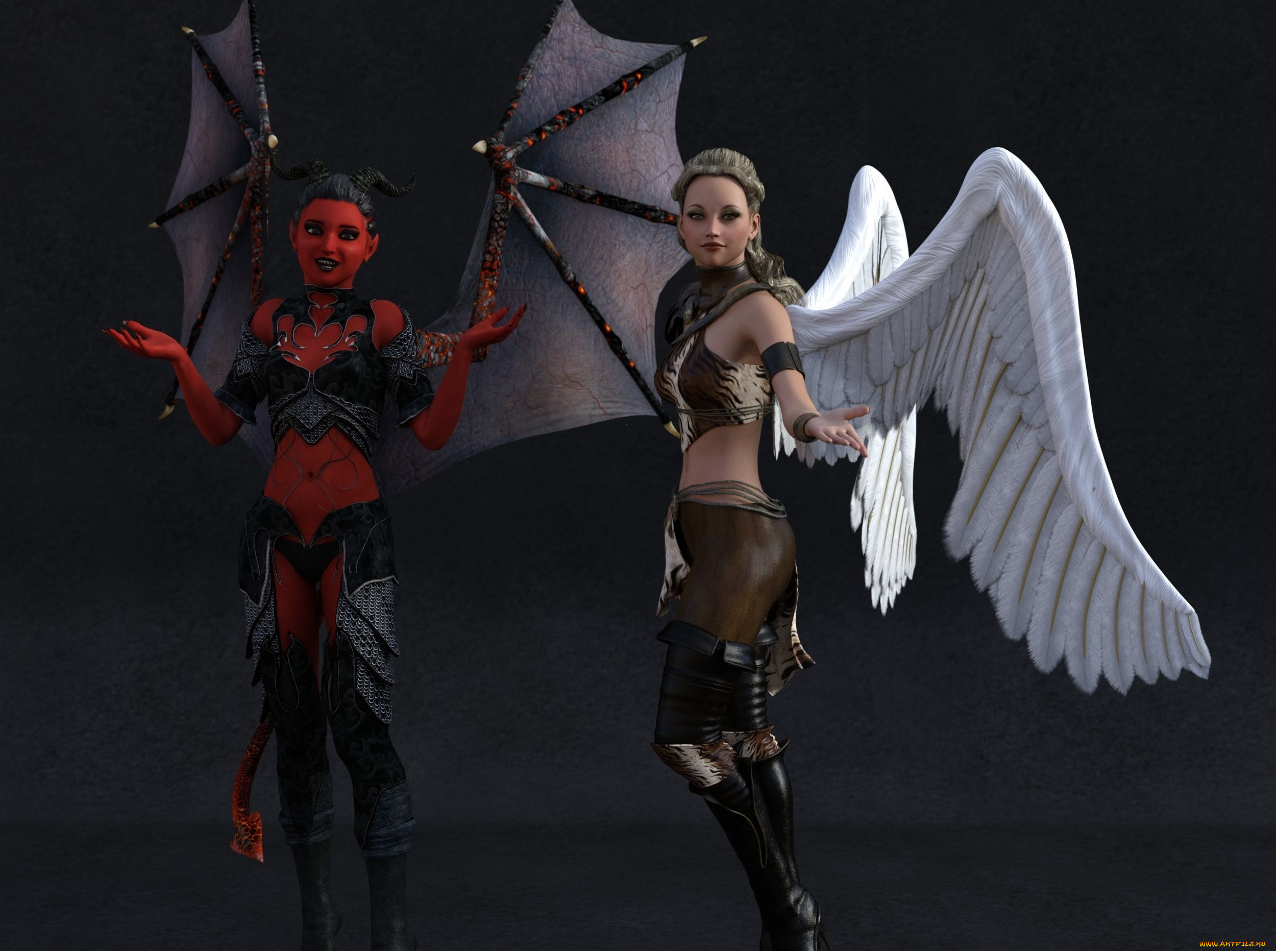 3д, графика, ангел, , angel, девушки, взгляд, фон, демон, ангел