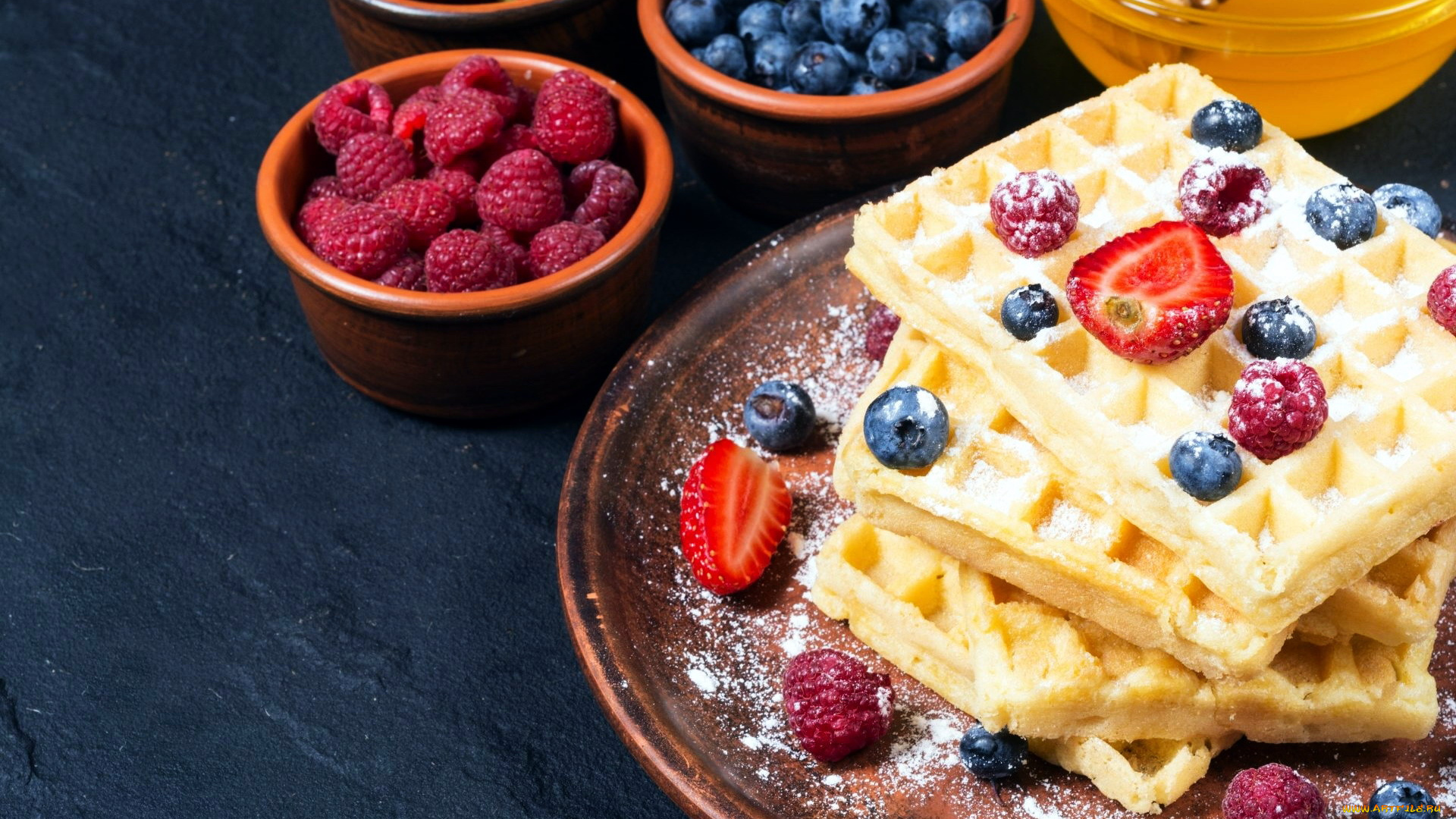 еда, блины, , оладьи, клубника, малина, черника, вафли