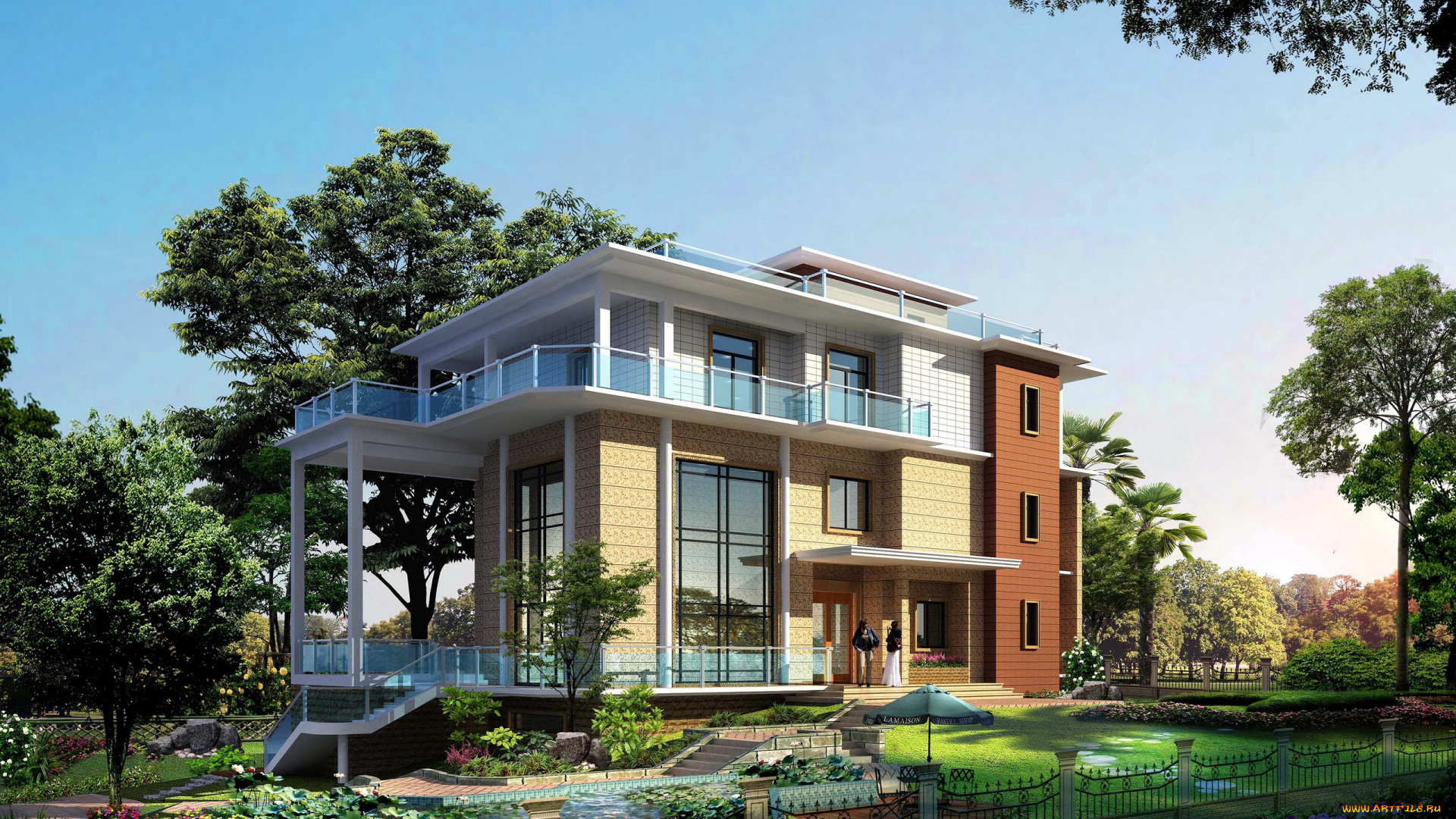 города, -, здания, , дома, пальмы, клумбы, дом