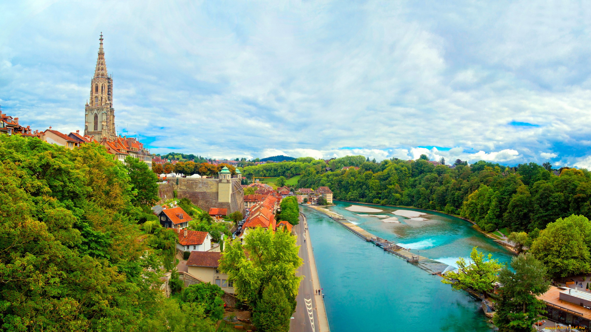 города, берн, , швейцария, деревья, здания, река