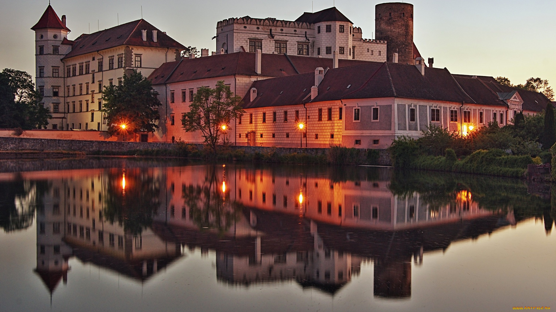 jindrichuv, hradec, Чехия, города, -, огни, ночного, города, jindrichuv, hradec