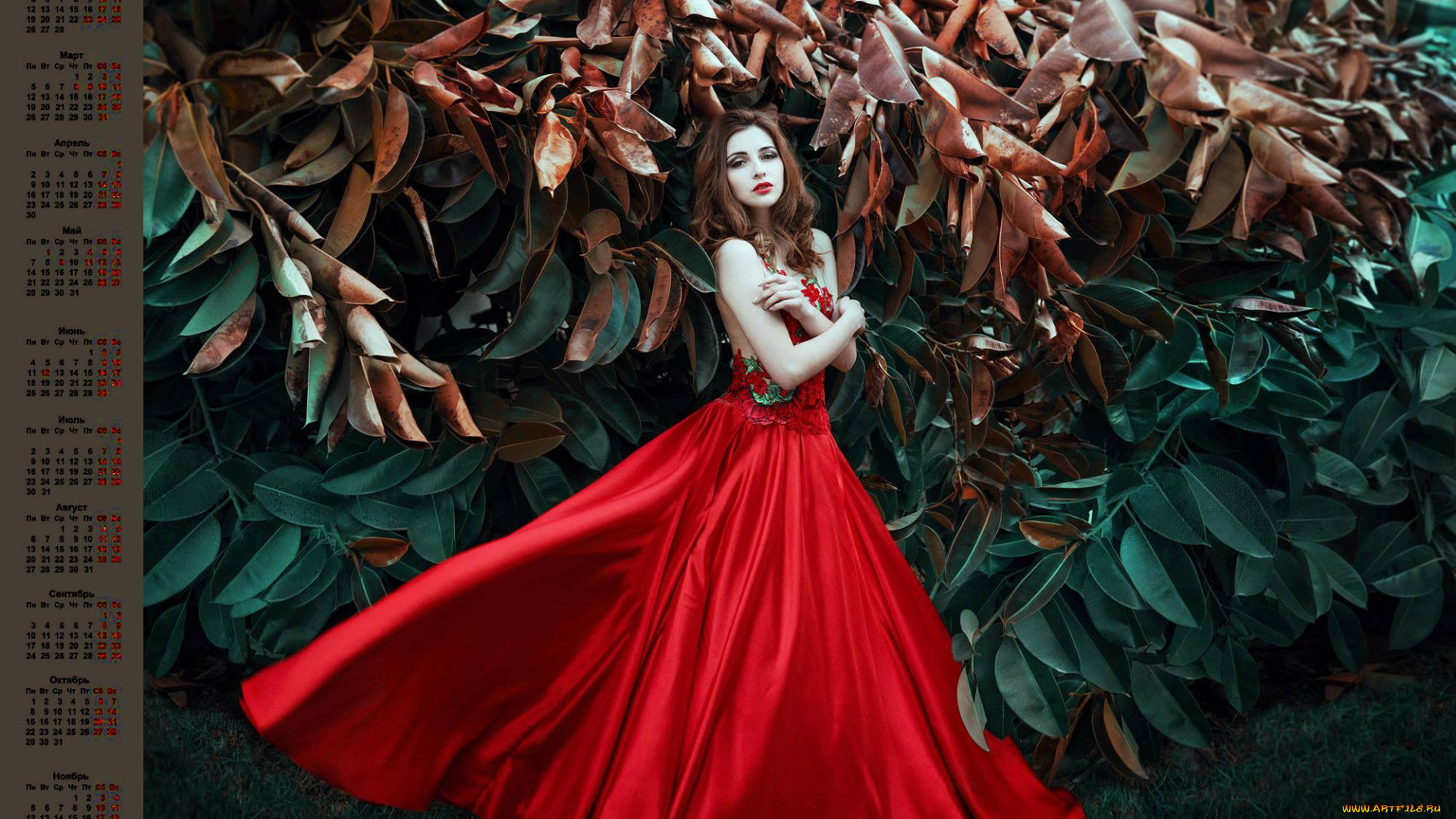 календари, девушки, листья, взгляд, 2018