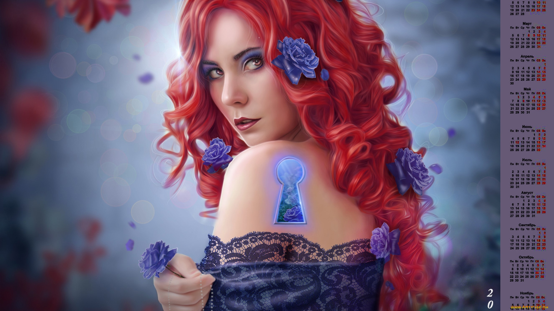 календари, рисованные, , векторная, графика, цветы, взгляд, девушка, 2018