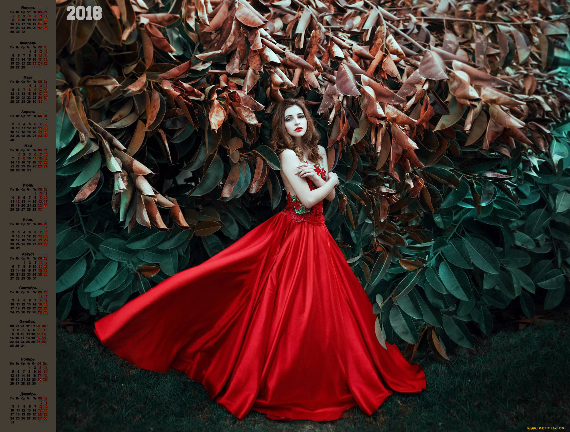 календари, девушки, листья, взгляд, 2018