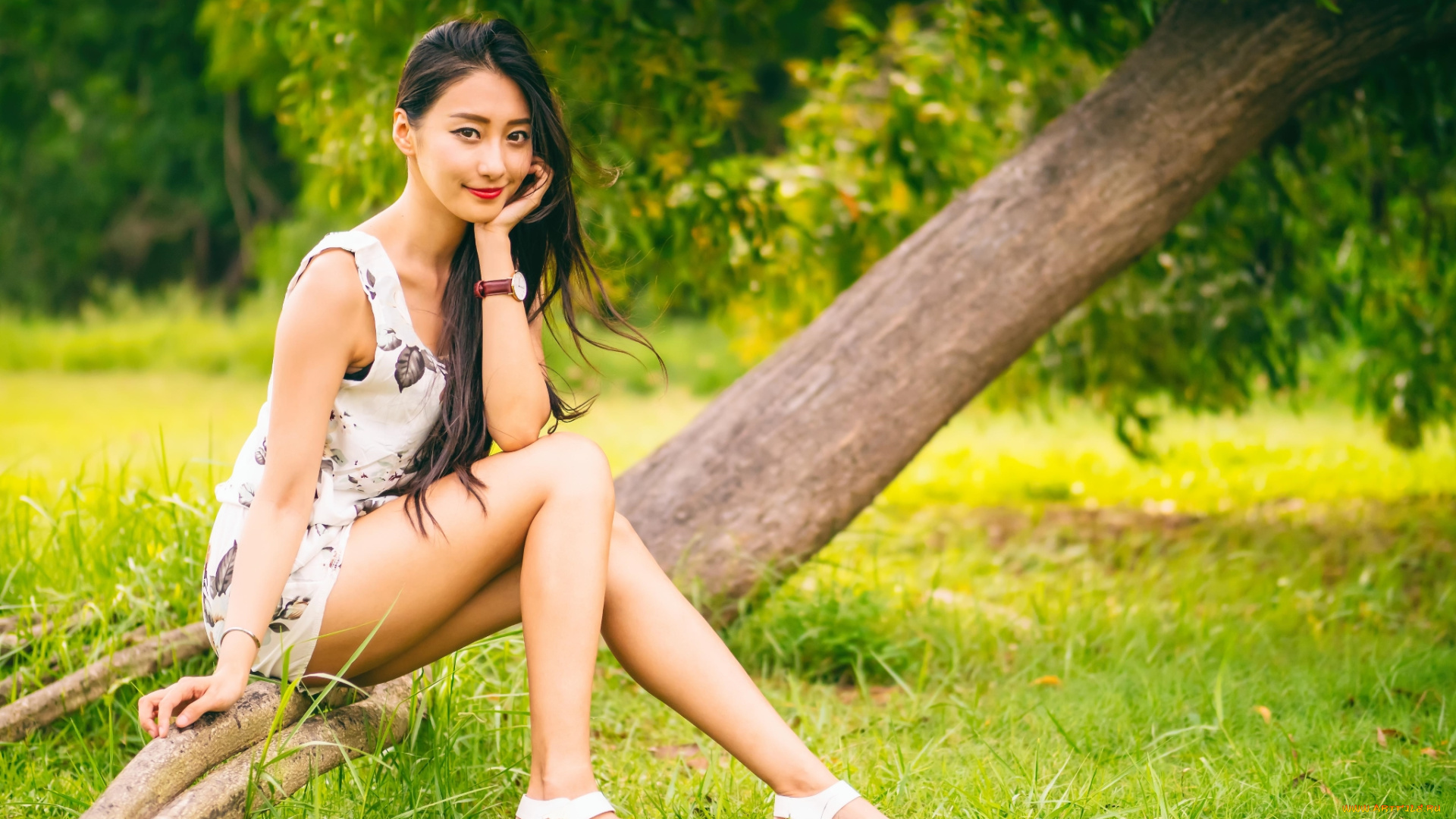 девушки, -unsort, , азиатки, женщины, на, открытом, воздухе, модель, брюнетка, сандалии, деревья, красная, помада, улыбаясь, часы, сидя, платье, глядя, зрителя