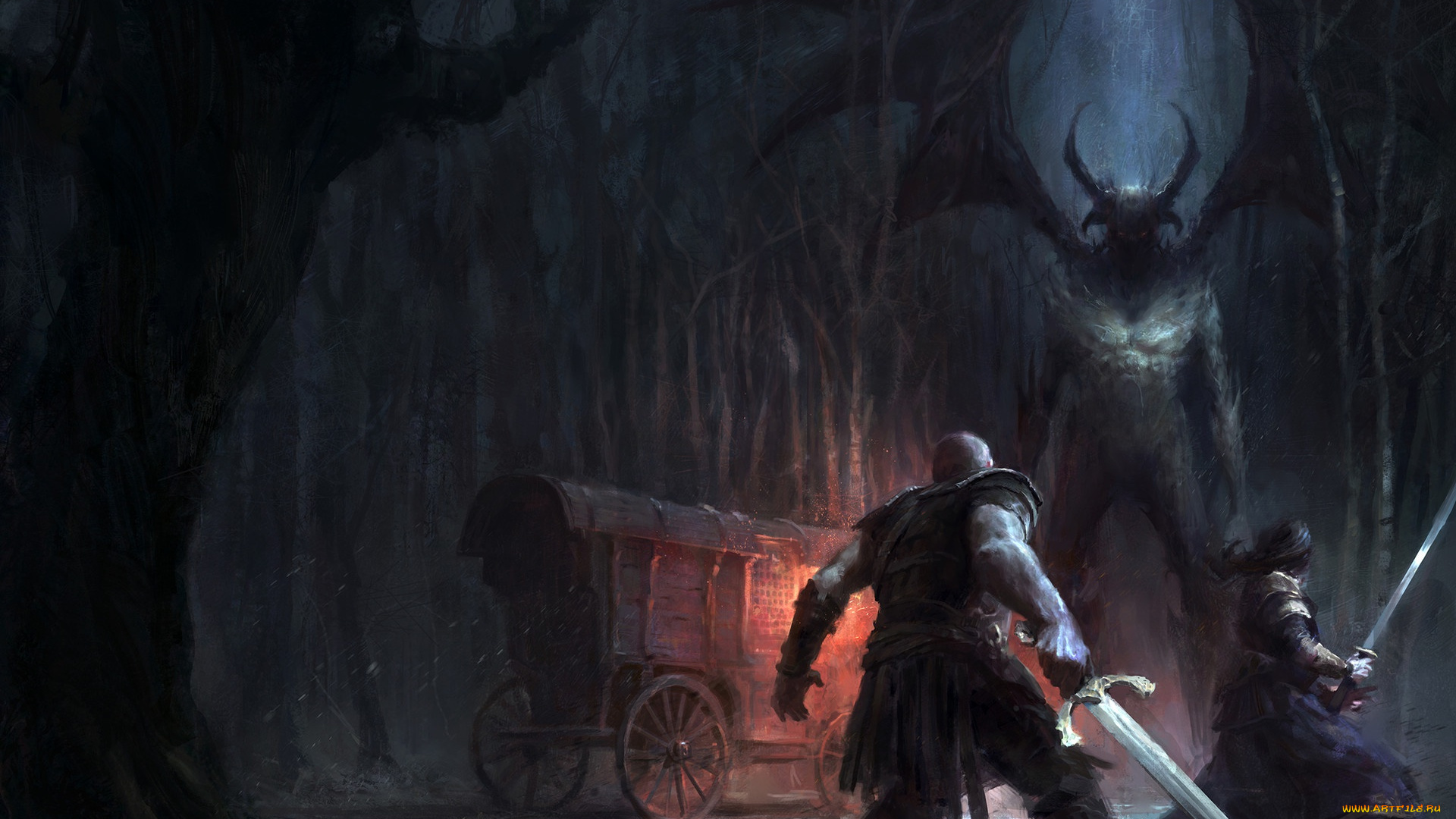 фэнтези, демоны, лес, art, карета, рога, арт, демон, тьма, люди, оружие, ночь, деревья