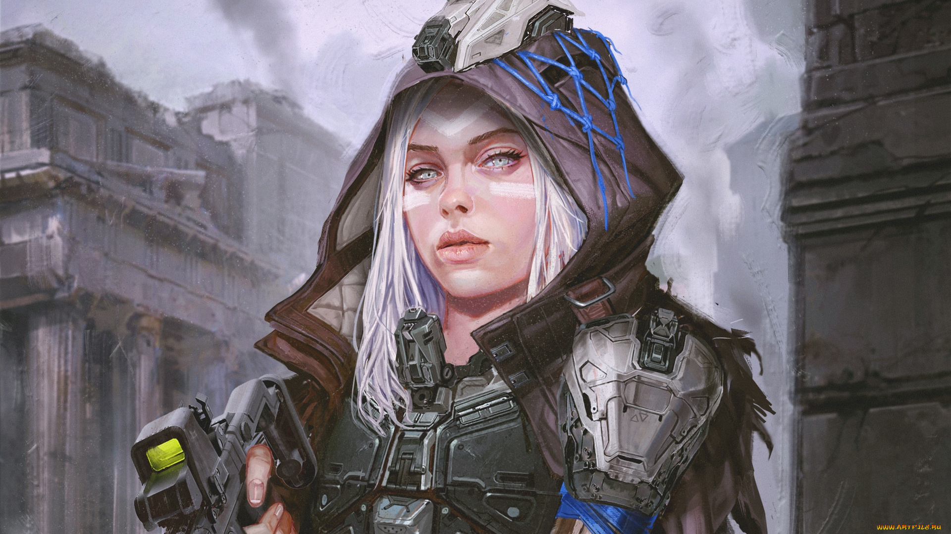 фэнтези, роботы, , киборги, , механизмы, девушка, взгляд, sci-fi, капюшон, арт, фантастика, оружие