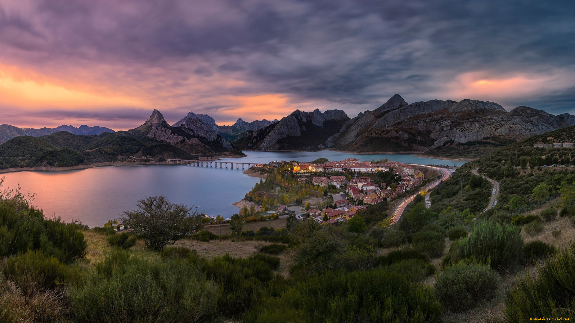 города, -, панорамы, озеро, панорама, вечер, город, горы