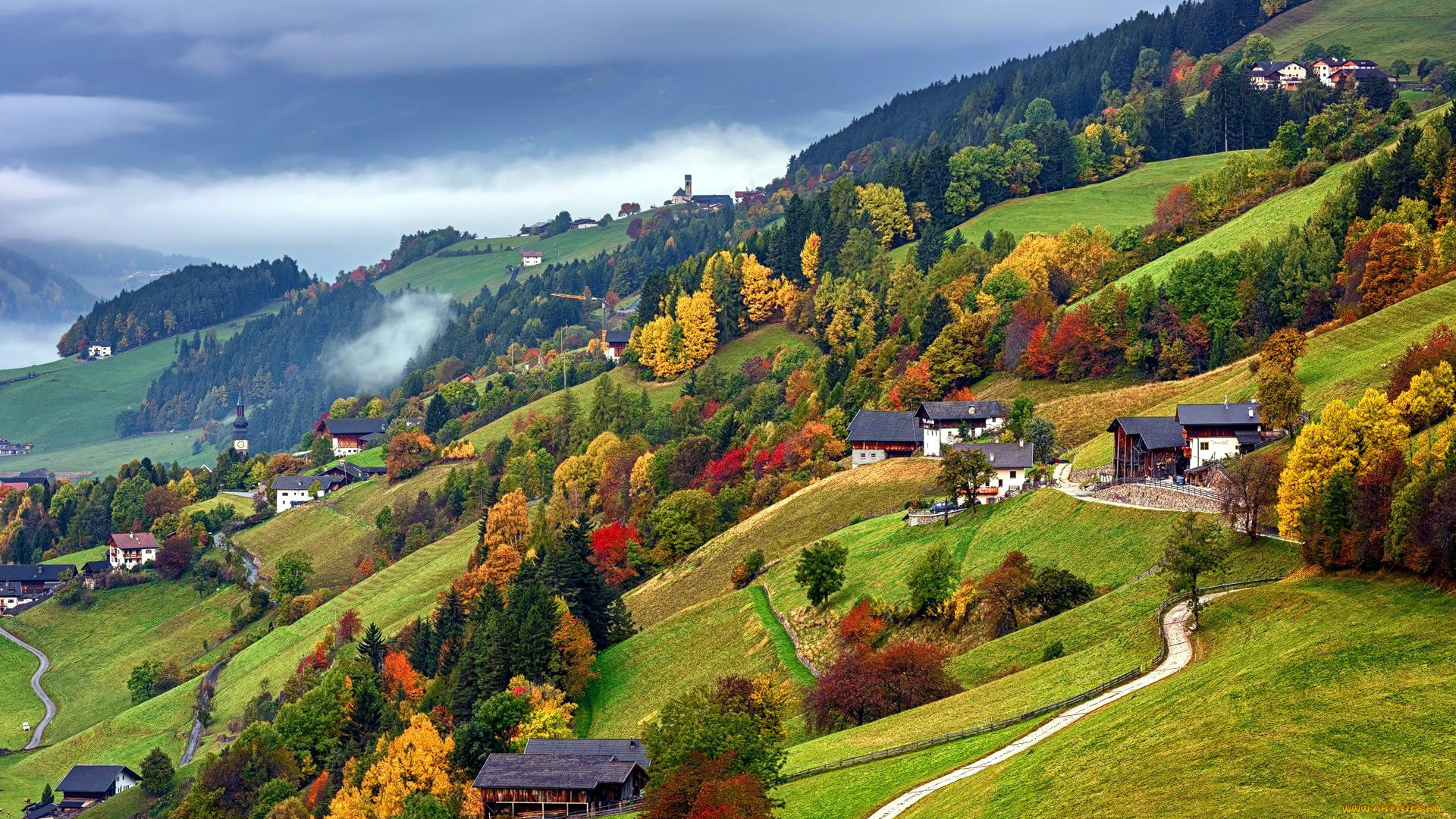 города, -, пейзажи, осень, горы, дома, туман