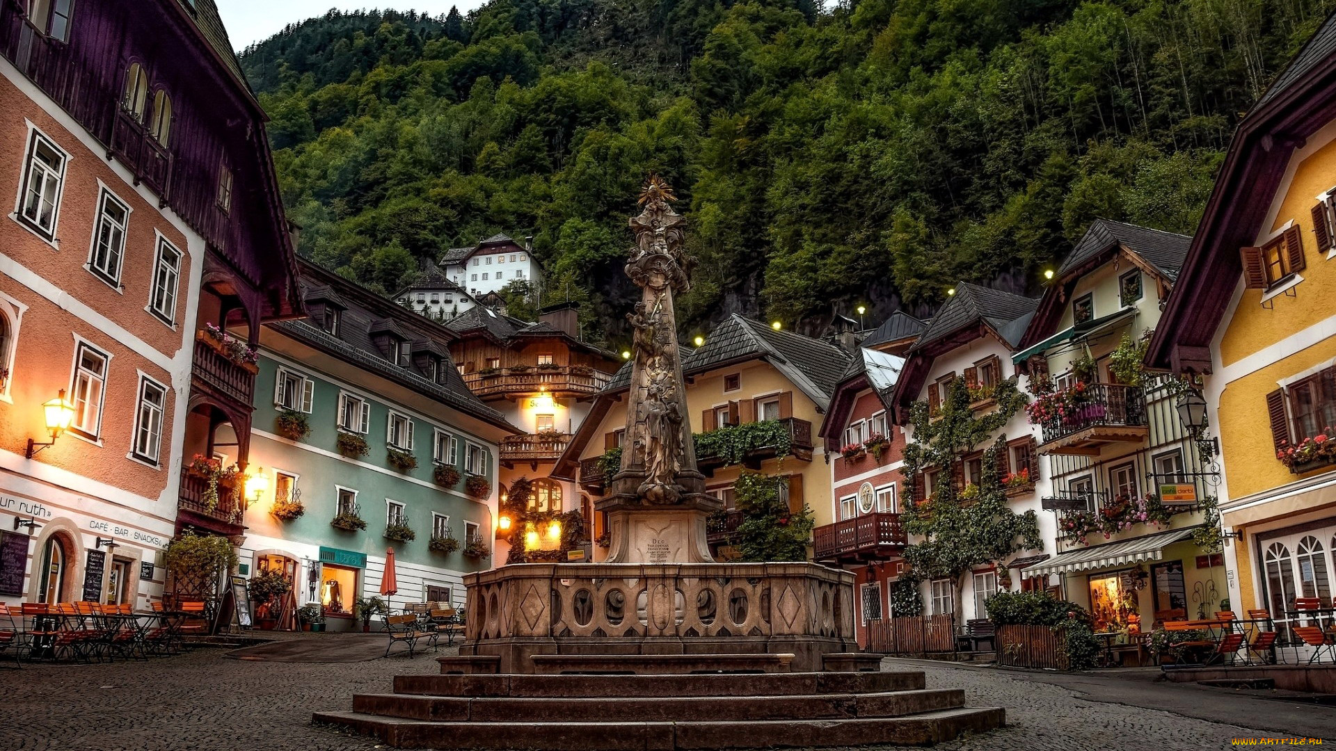 города, гальштат, , австрия, дома, площадь, статуя