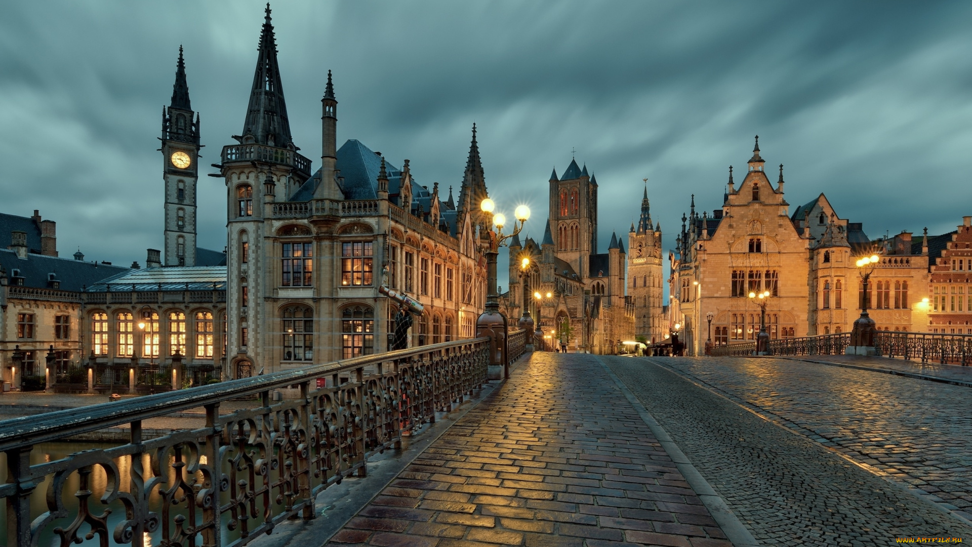 города, гент, , бельгия, огни, вечер, мост