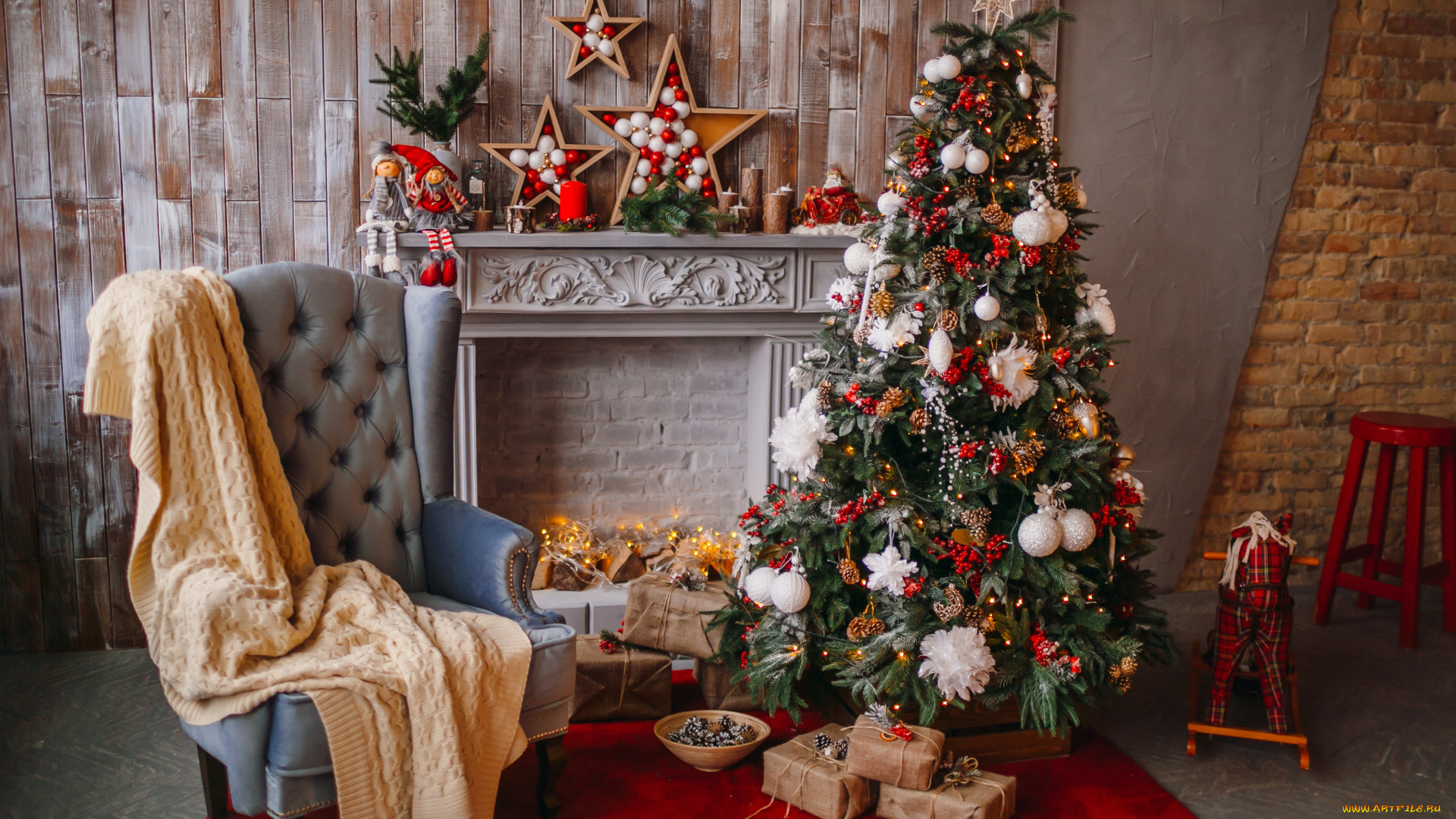 праздничные, Ёлки, украшение, камин, елка