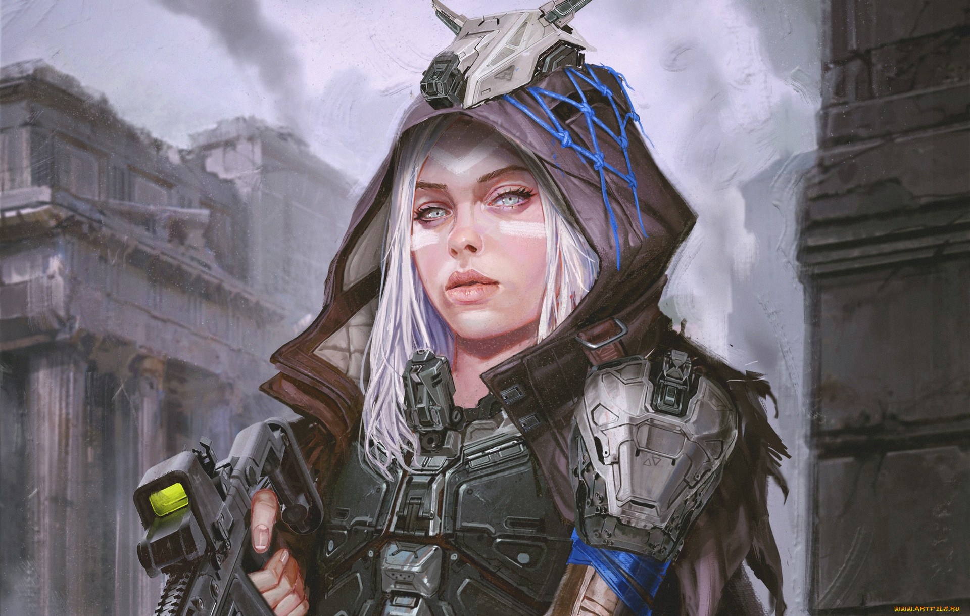 фэнтези, роботы, , киборги, , механизмы, девушка, взгляд, sci-fi, капюшон, арт, фантастика, оружие