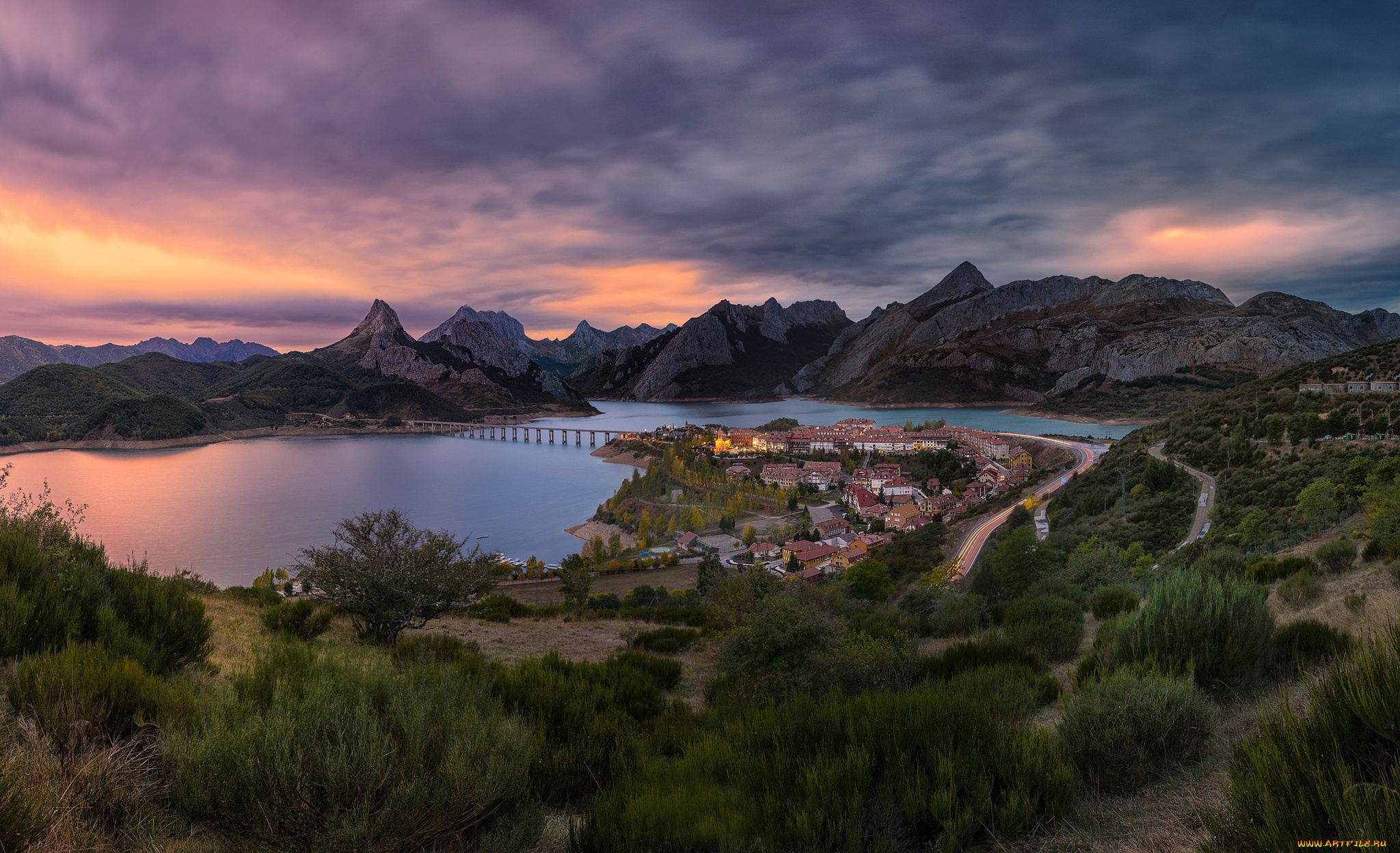 города, -, панорамы, озеро, панорама, вечер, город, горы