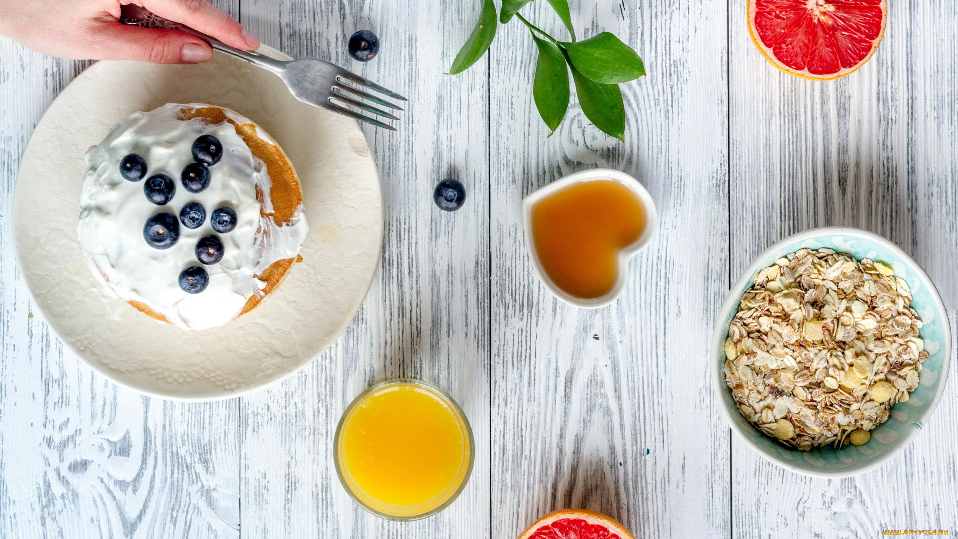 еда, разное, сок, оладьи, хлопья, завтрак