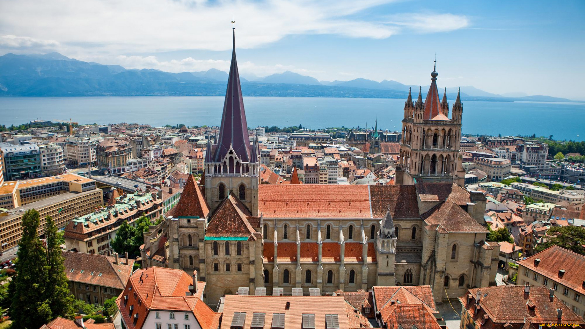 города, -, панорамы, собор, лозанны, нотр-дам, лето, городской, вид, панорама, лозанна, швейцария