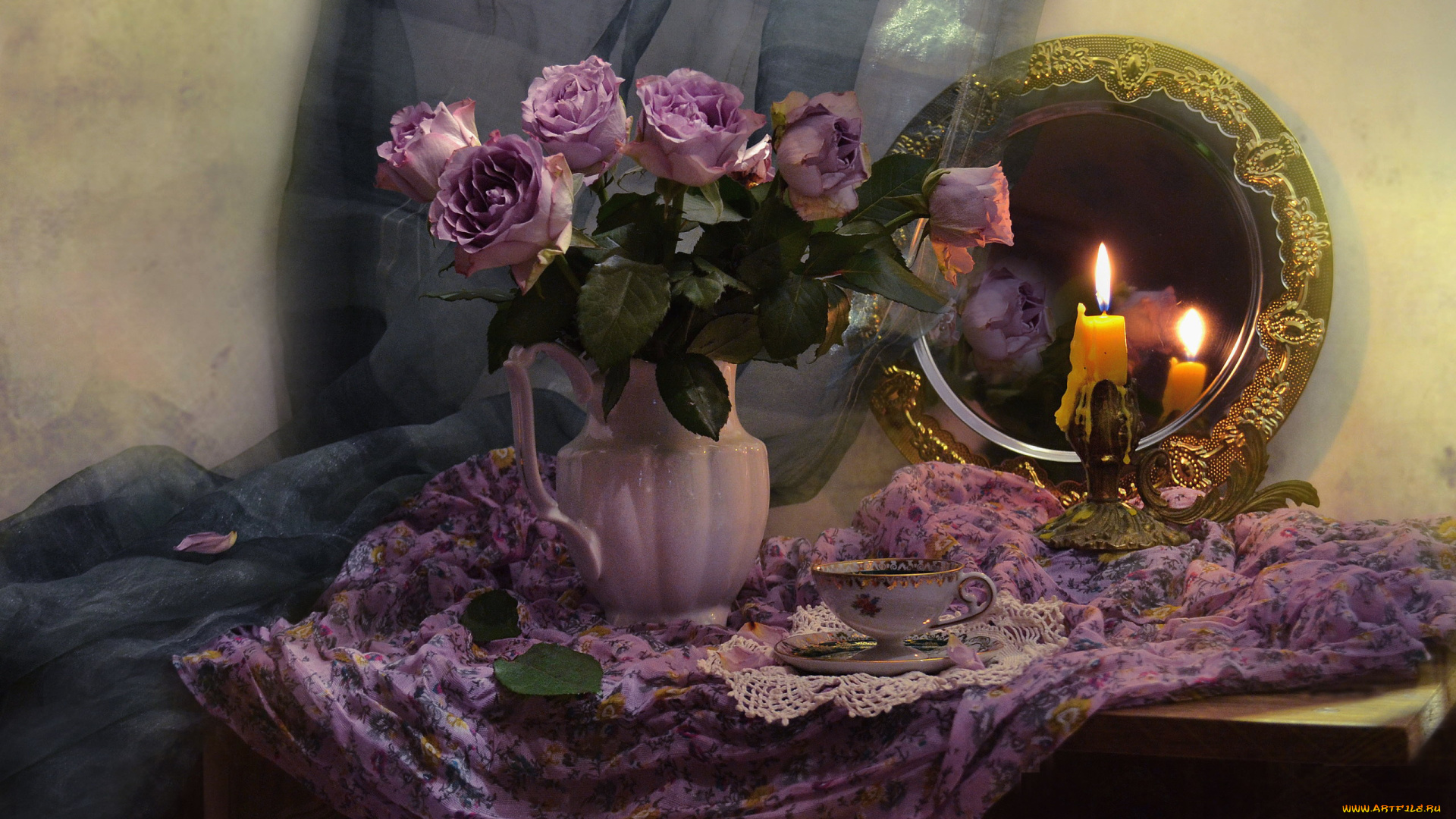 цветы, розы, зеркало, свеча, букет