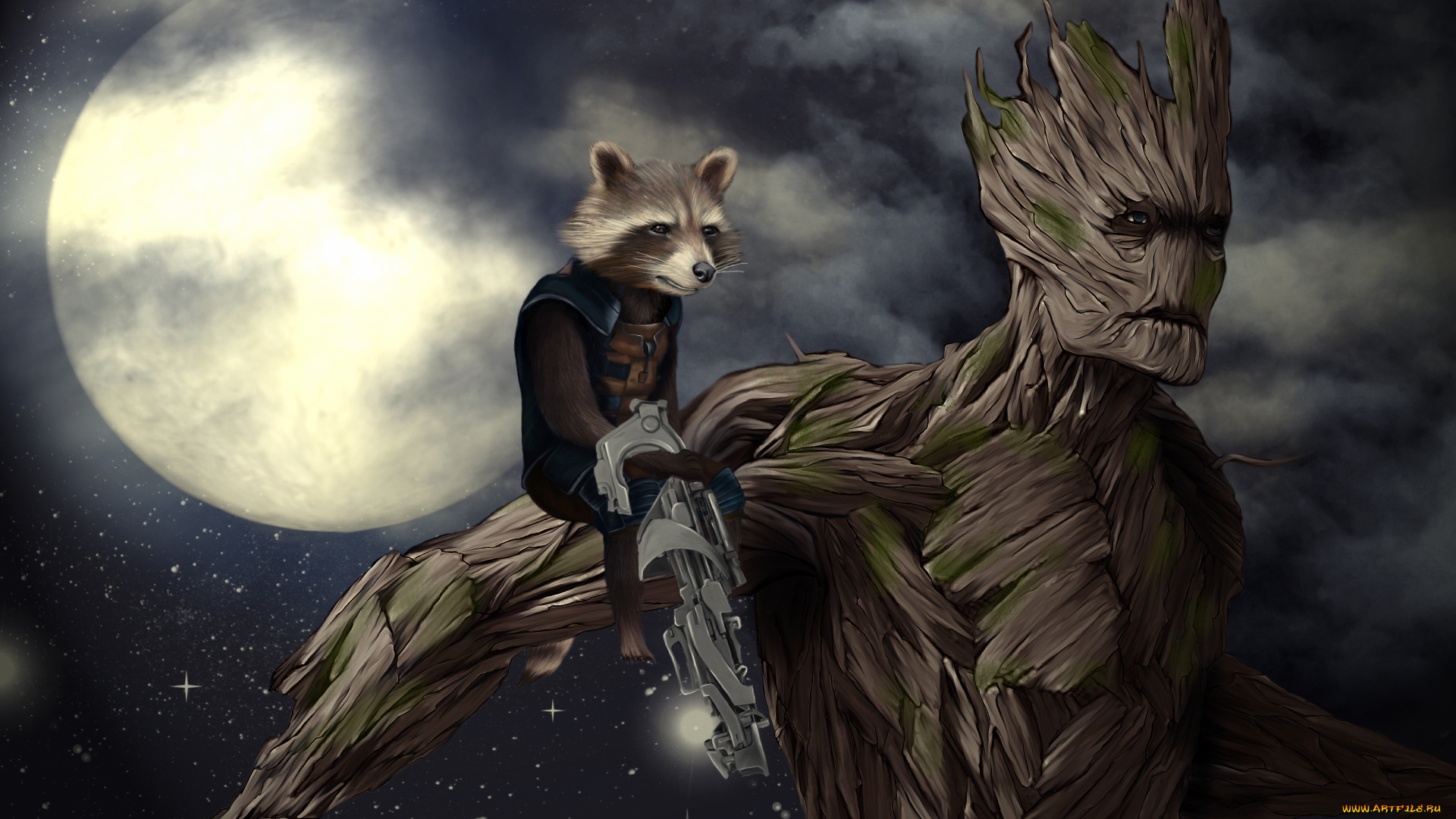 рисованное, кино, , мультфильмы, дерево, енот, луна, фон