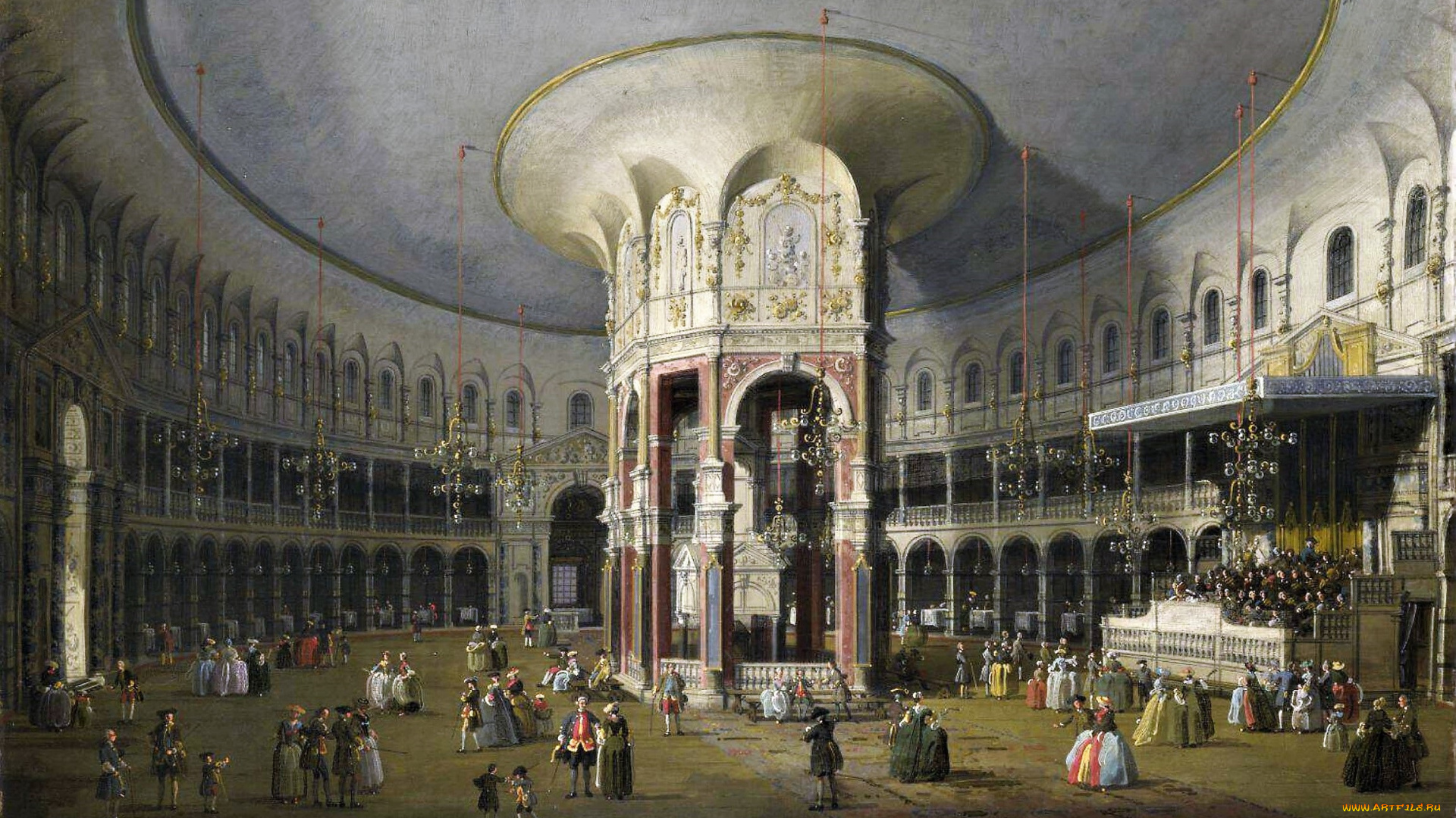 interior, rotunda-giovanni, antonio, canal, рисованное, canaletto, ротонда, здание, люди