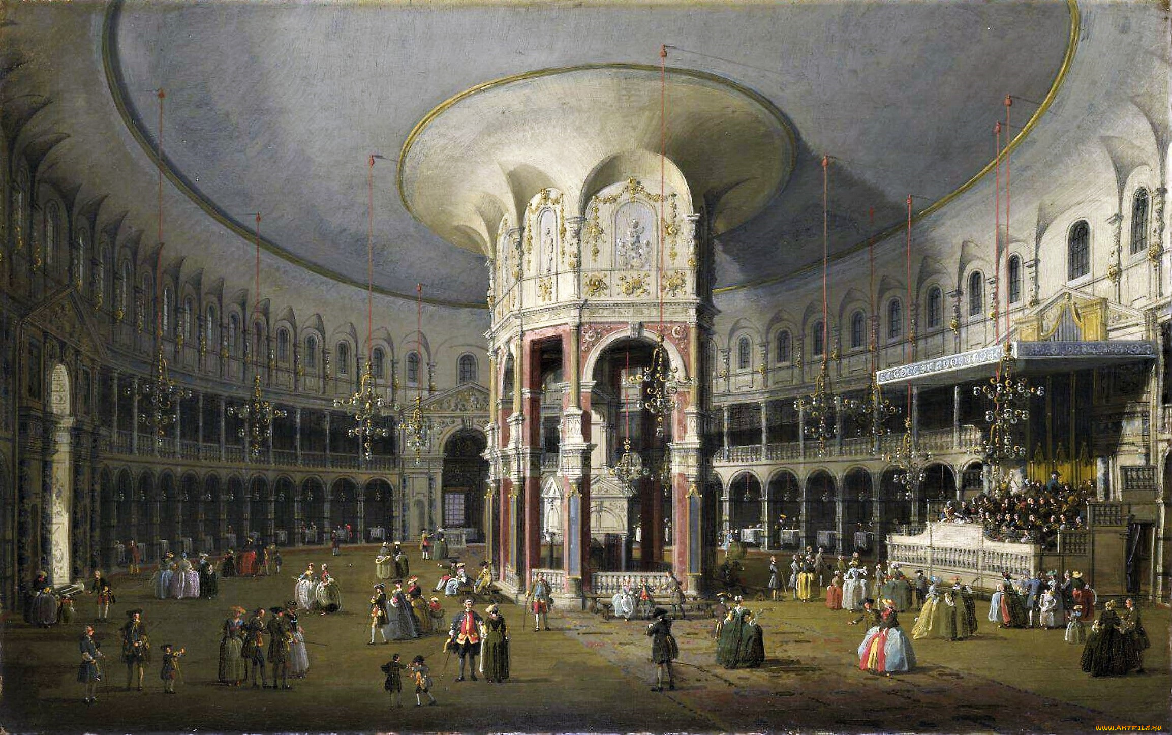 interior, rotunda-giovanni, antonio, canal, рисованное, canaletto, ротонда, здание, люди