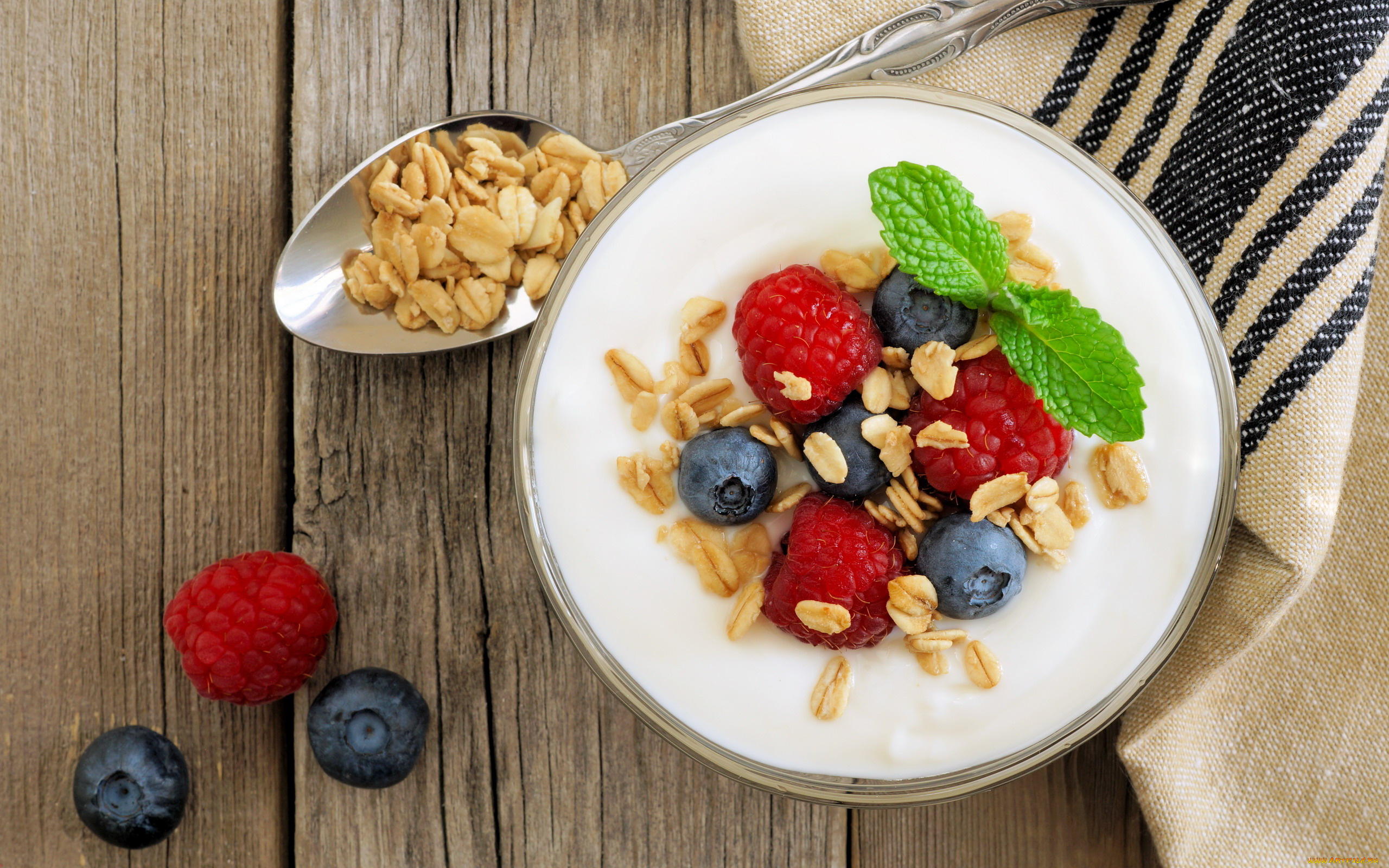 еда, мюсли, , хлопья, ягоды, малина, черника, мята