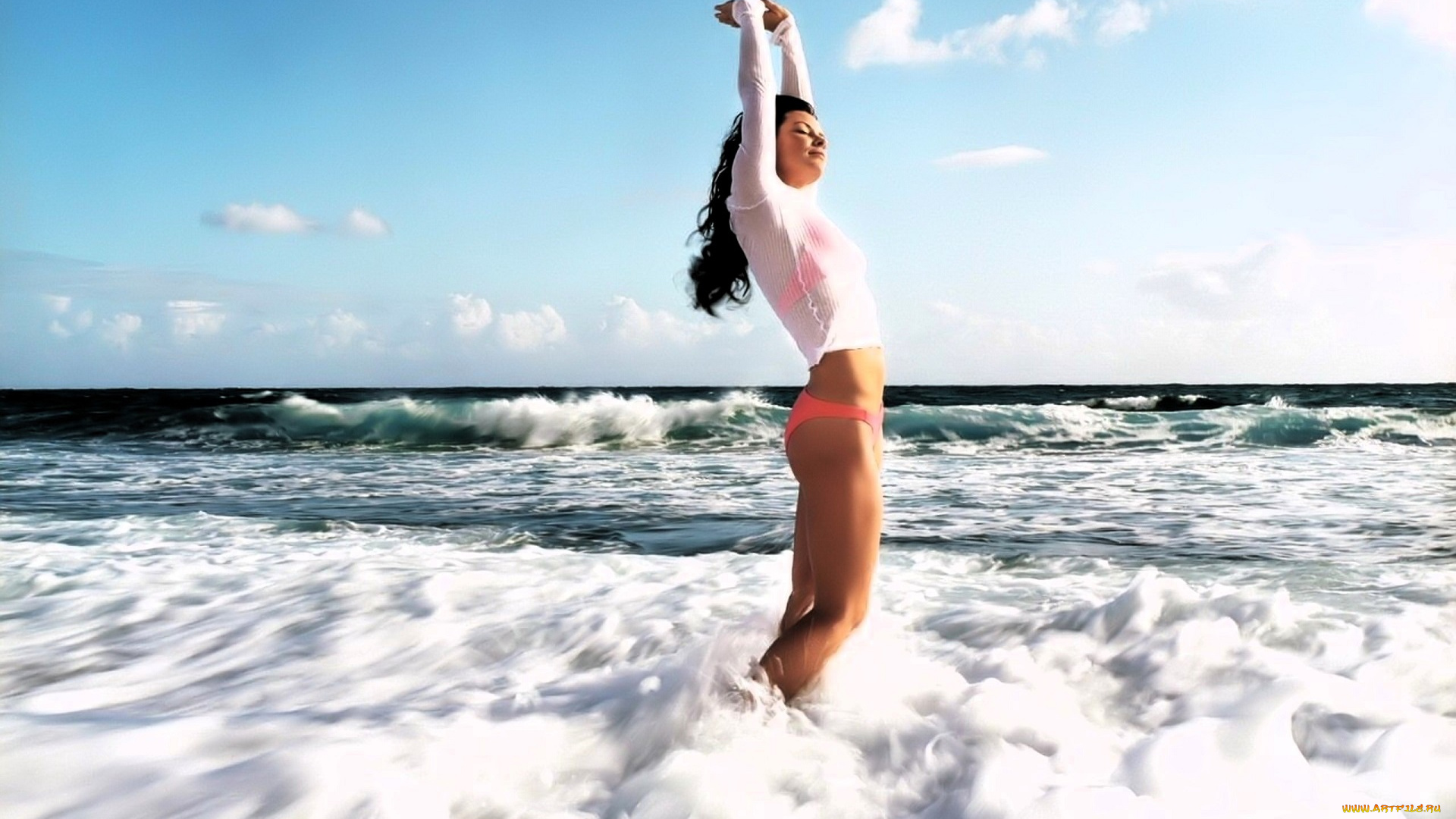 девушки, evangeline, lilly, актриса, брюнетка, топ, трусики, море