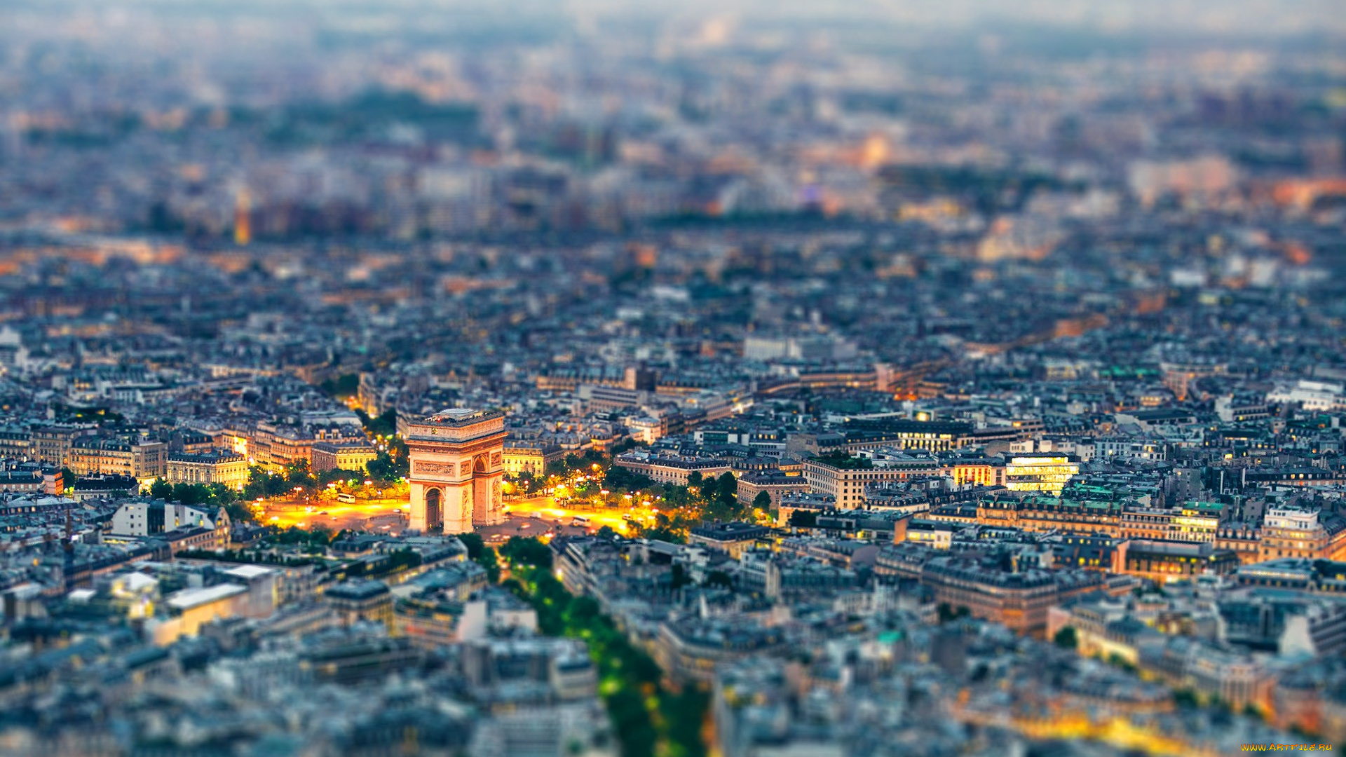 города, париж, , франция, париж, триумфальная, арка, сдвиг, наклона, городской, пейзаж, tilt, shift