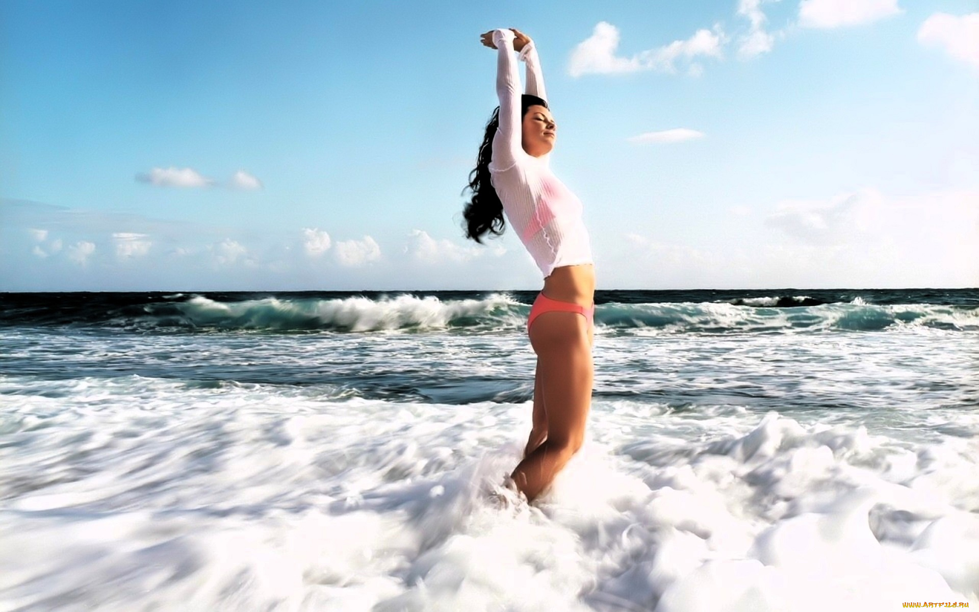 девушки, evangeline, lilly, актриса, брюнетка, топ, трусики, море