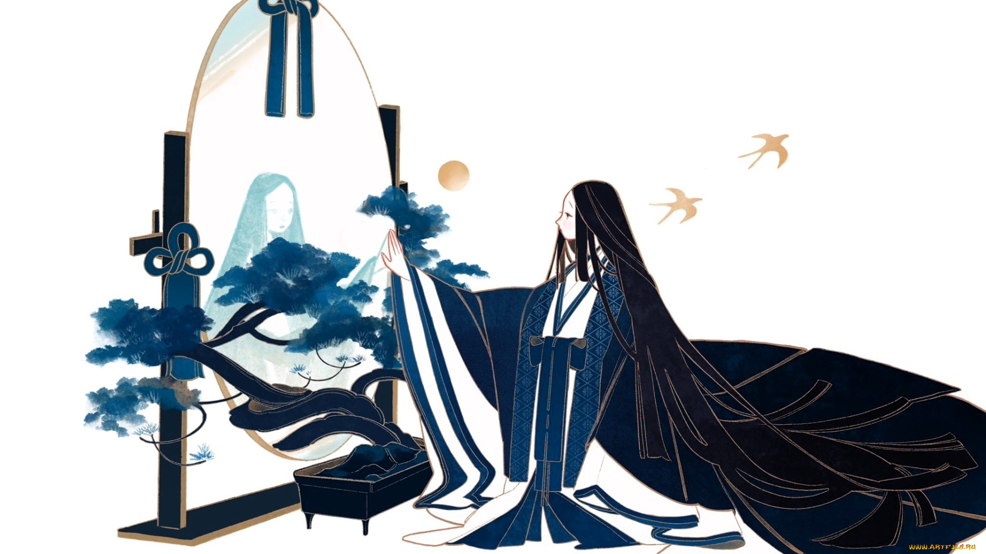 аниме, unknown, , другое, , девушка, наряд, зеркало, дерево, ласточки