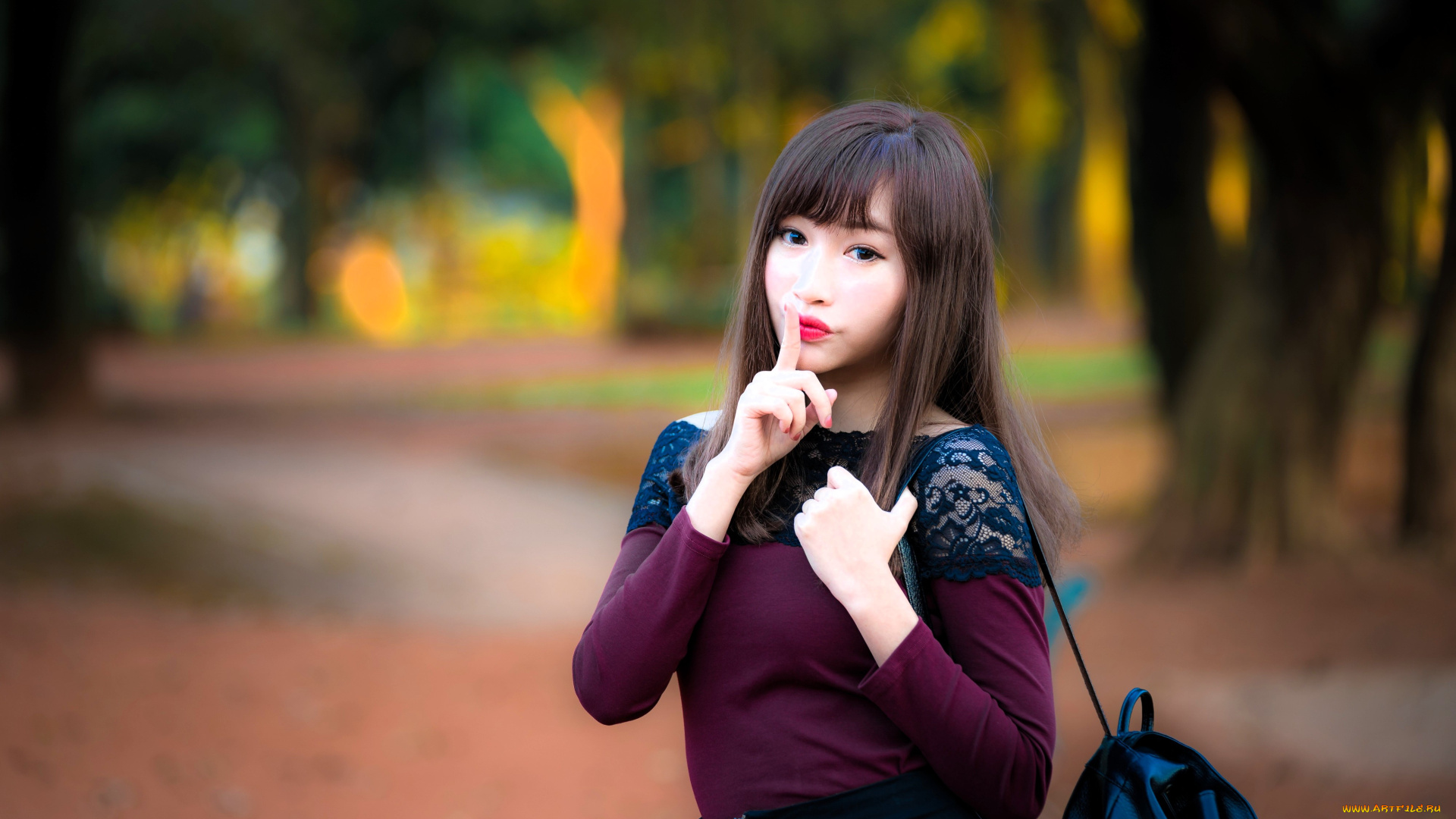 девушки, -, азиатки, шатенка, свитер, сумка, парк, осень