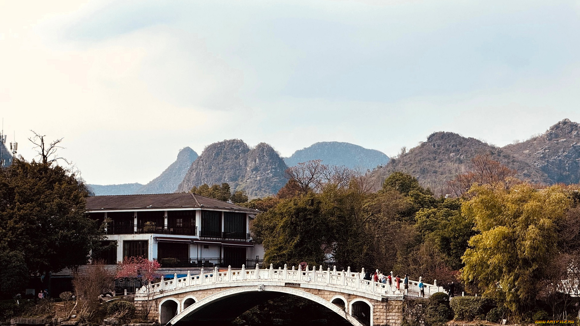 города, -, мосты, озеро, мост, деревья, осень, лес, горы, здание