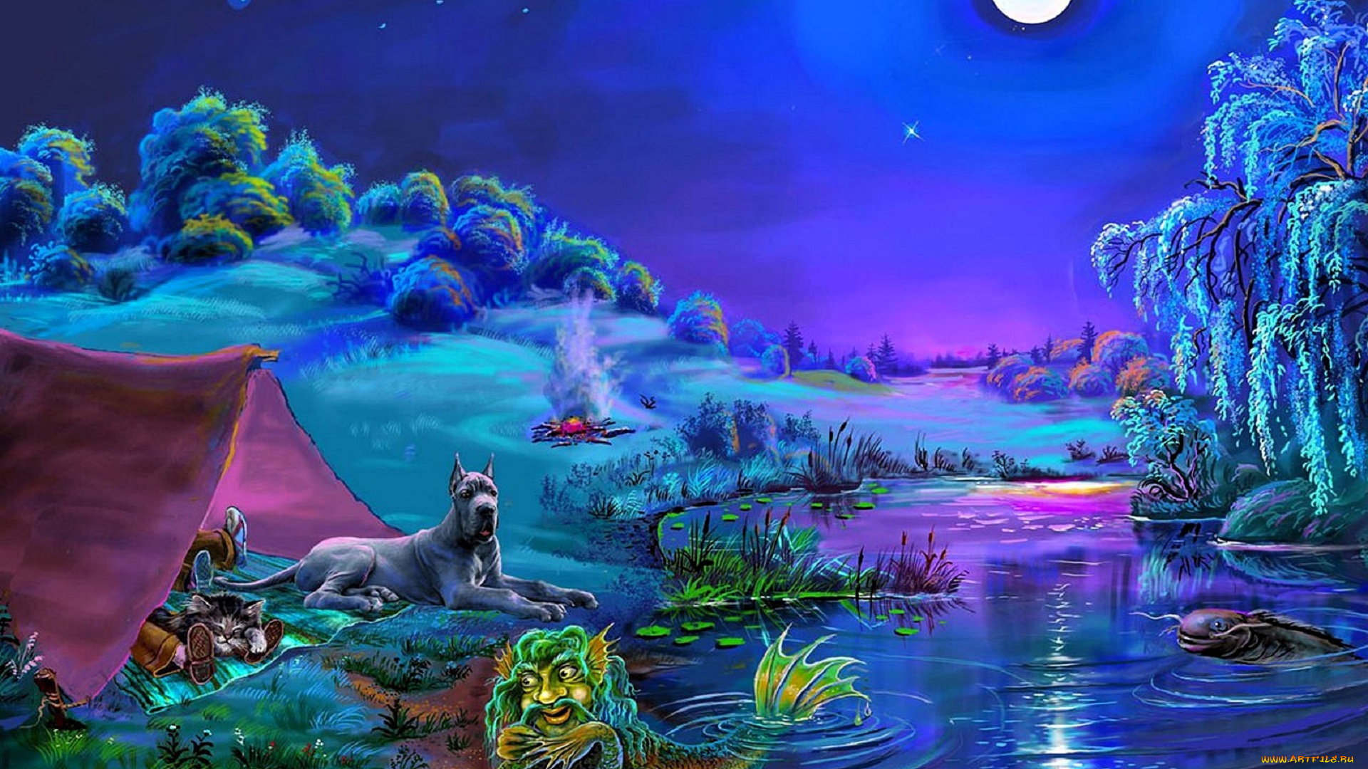 рисованное, виктор, цыганов, водяной, сбака, палатка, ночь, костер, озеро