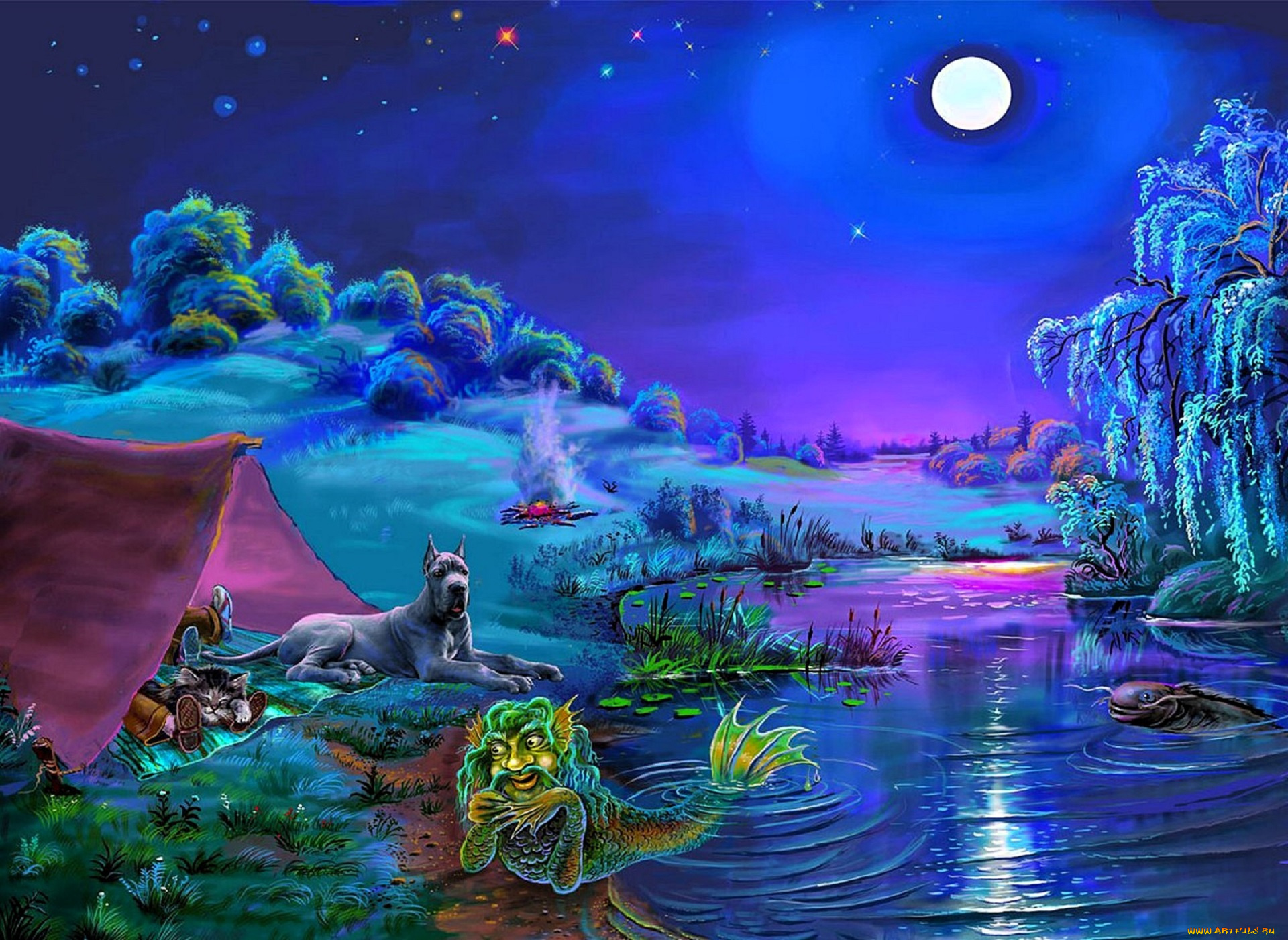 рисованное, виктор, цыганов, водяной, сбака, палатка, ночь, костер, озеро