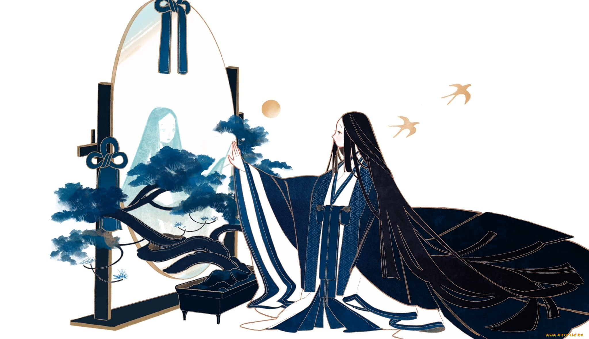 аниме, unknown, , другое, , девушка, наряд, зеркало, дерево, ласточки