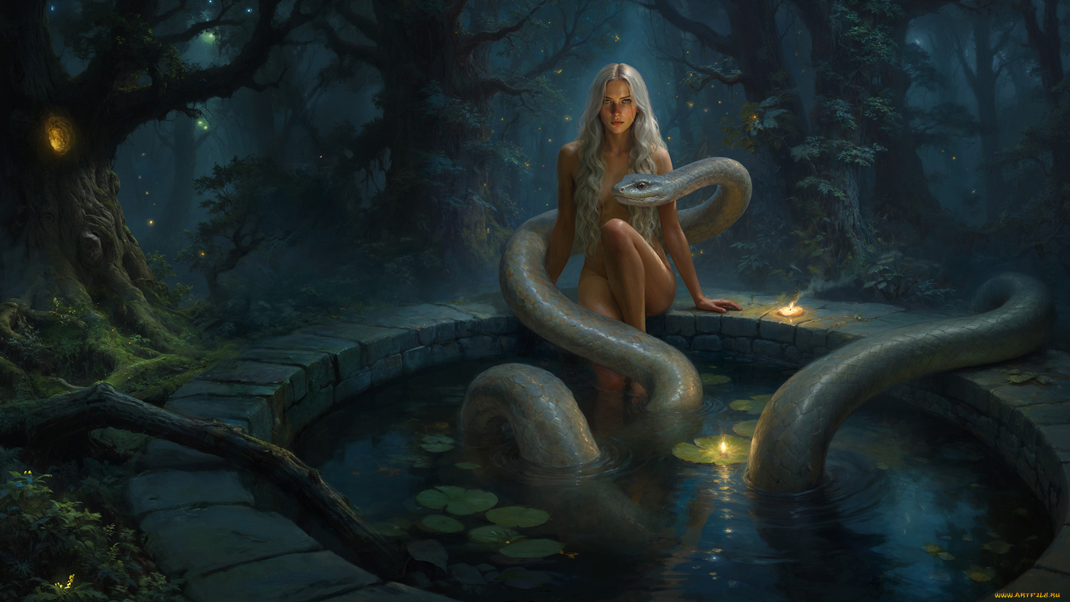 фэнтези, красавицы, и, чудовища, красивая, девушка, змей