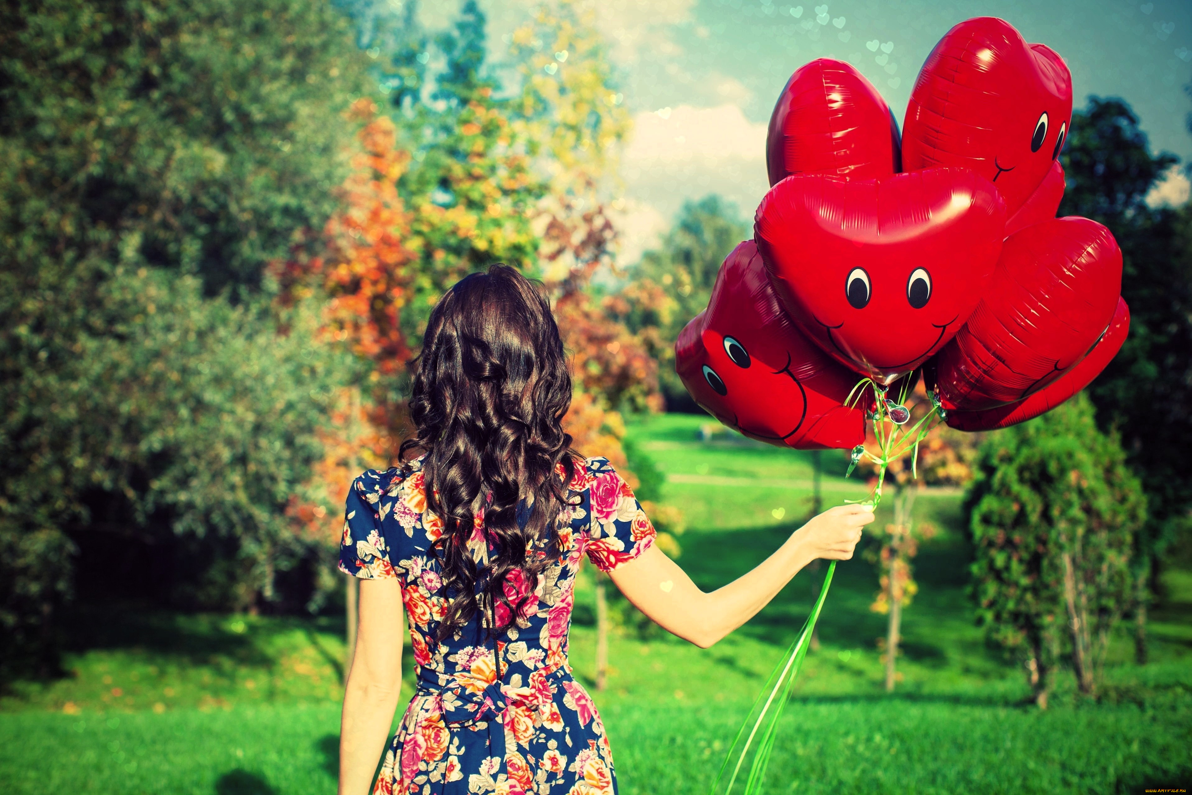 девушки, -, брюнетки, , шатенки, шатенка, платье, шарики, осень, деревья, лужайка