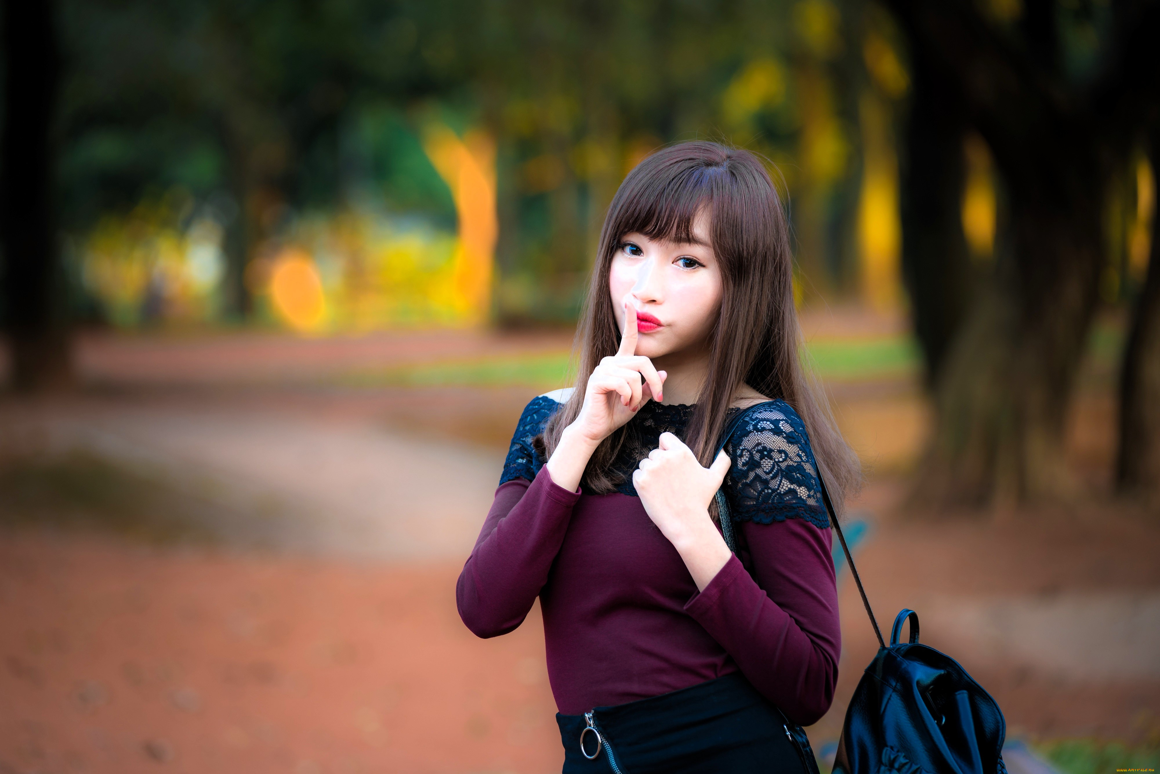 девушки, -, азиатки, шатенка, свитер, сумка, парк, осень