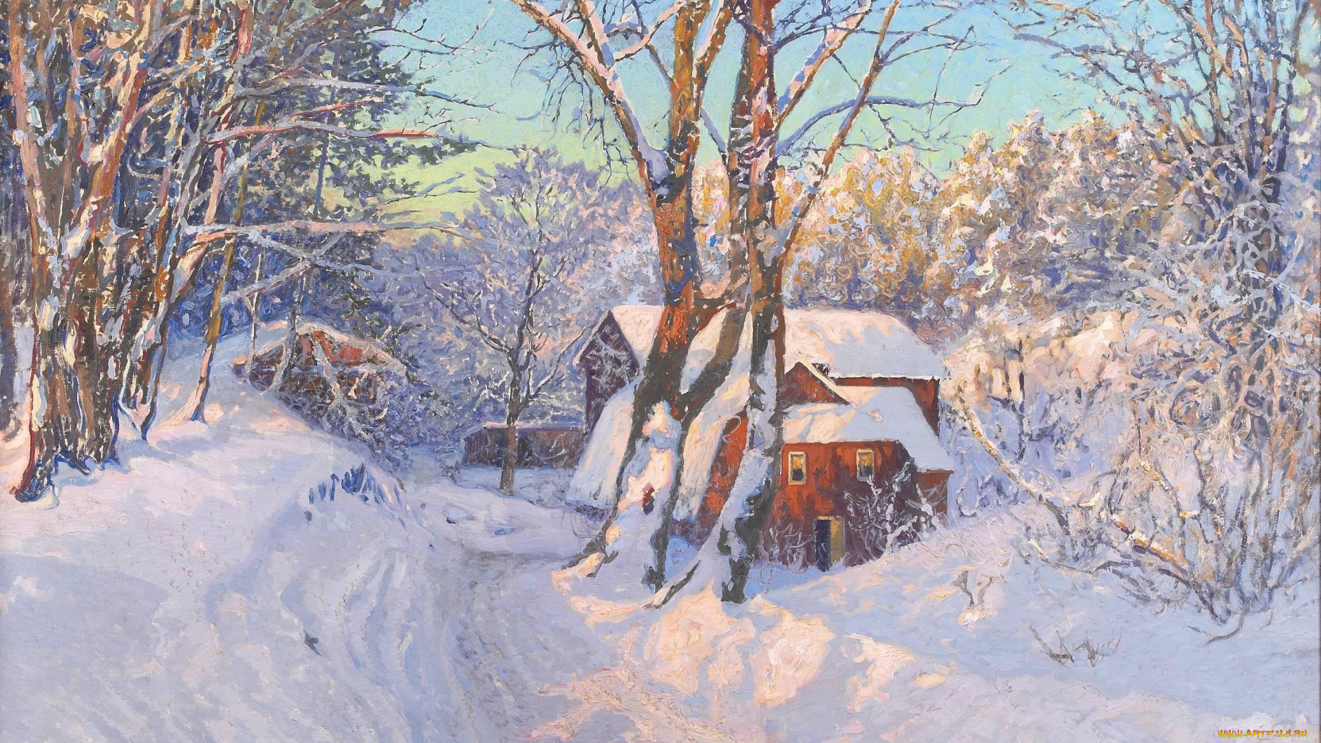 anshelm, leonard, schultzberg, рисованные, домик, снег, зима, рассвет, пейзаж